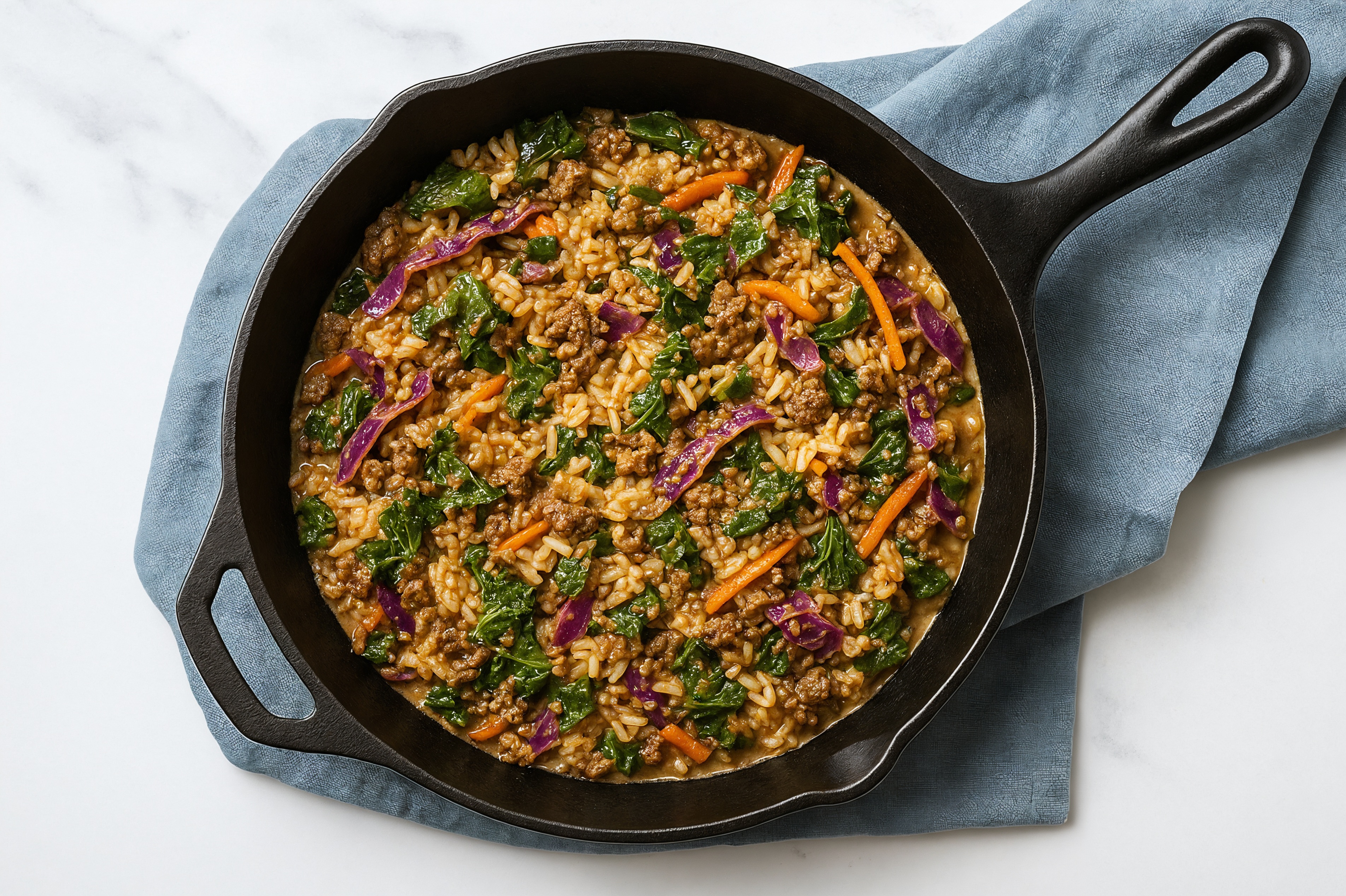 Thai Peanut Rainbow Veggie + Ground Beef Patties Stir-Fry