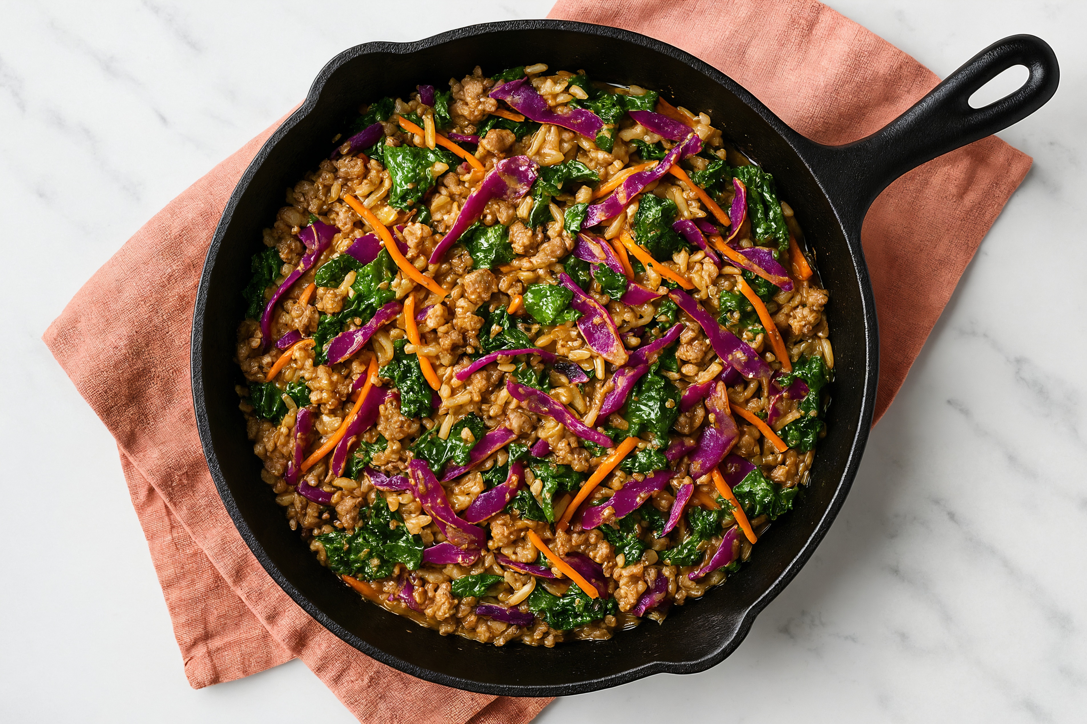 Thai Peanut Rainbow Veggie + Ground Bison Stir-Fry with Long Grain White Rice