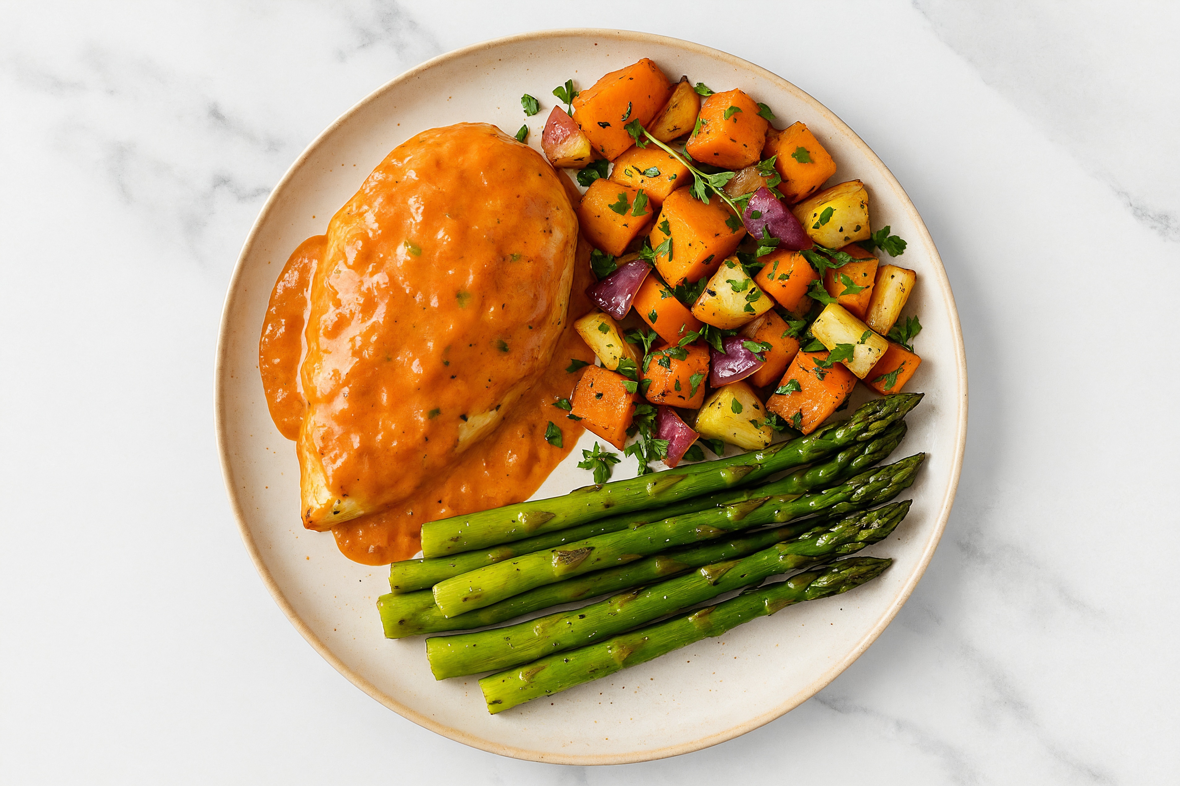 Creamy Vodka Smothered Chicken Breasts with Asparagus & Roasted Vegetables