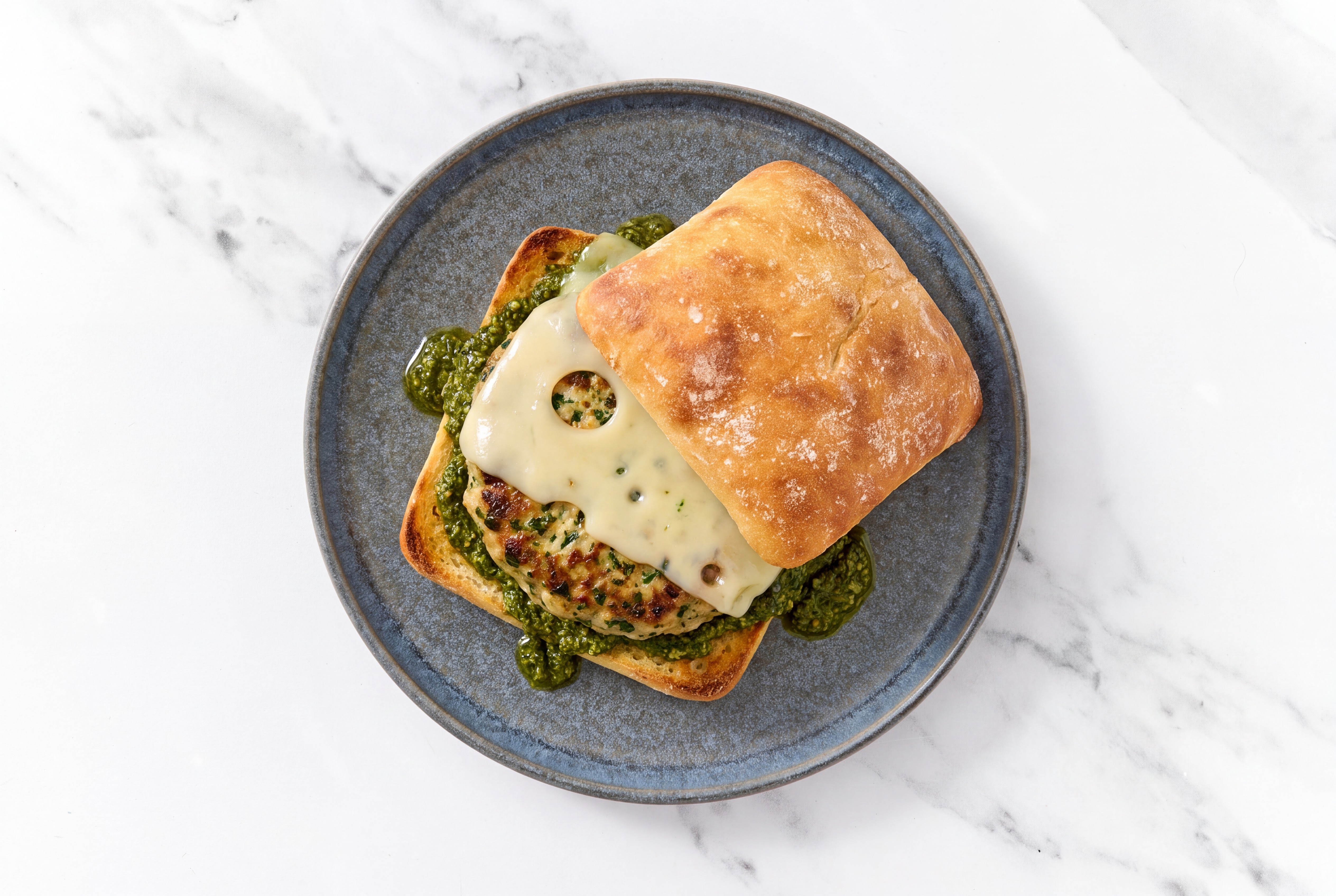 Garlic Turkey Burger on Ciabatta with Spinach Pesto & Swiss