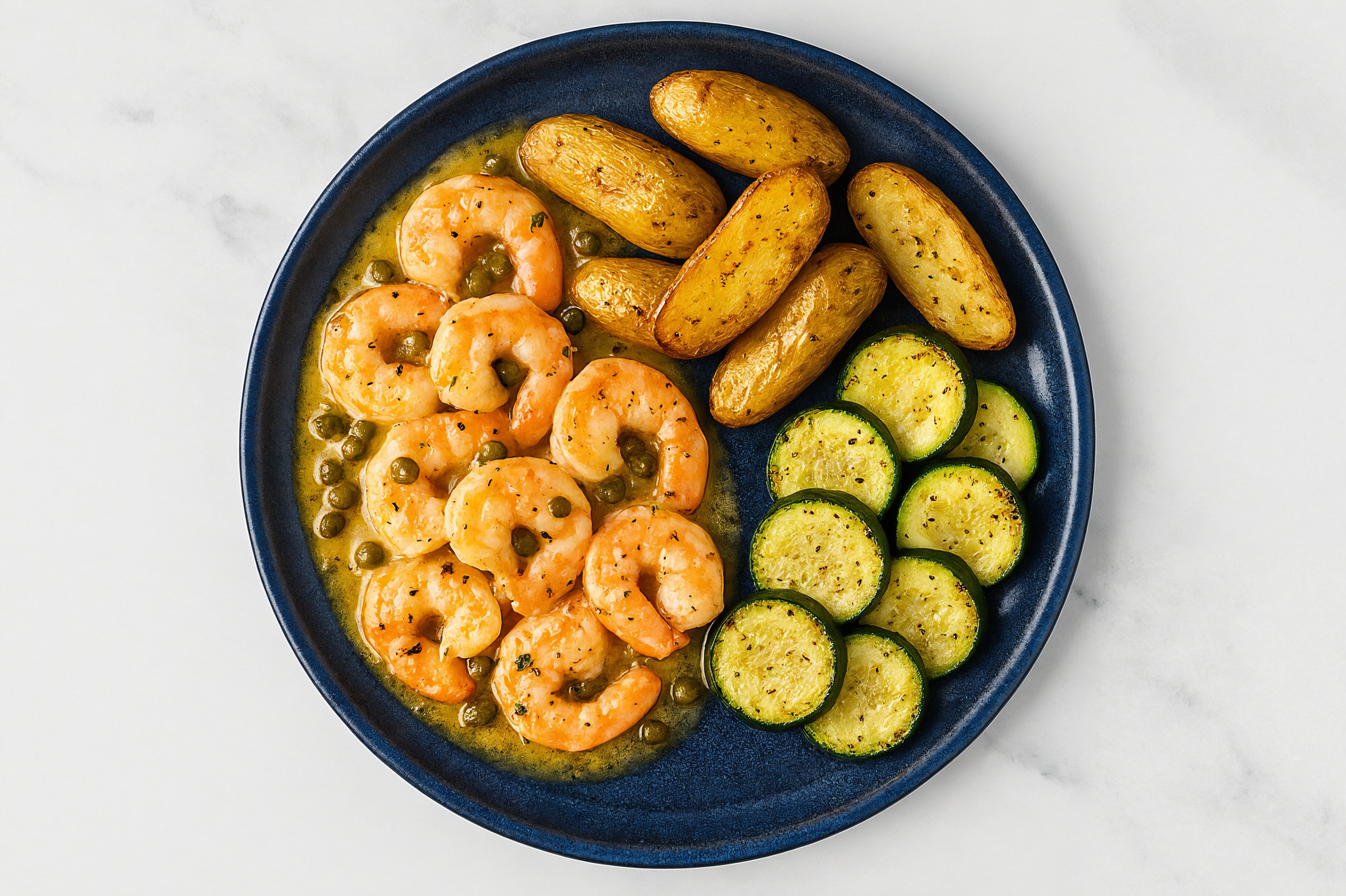 Caper-Butter Shrimp with Fingerling Potatoes & Zucchini