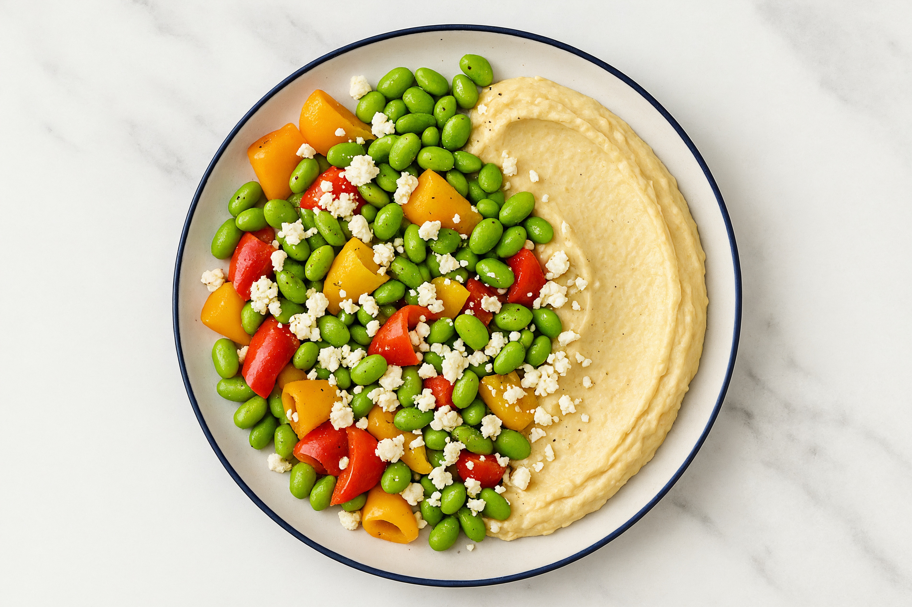 Feta Sweet Pepper Edamame Bowl over Lemon Garlic Hummus