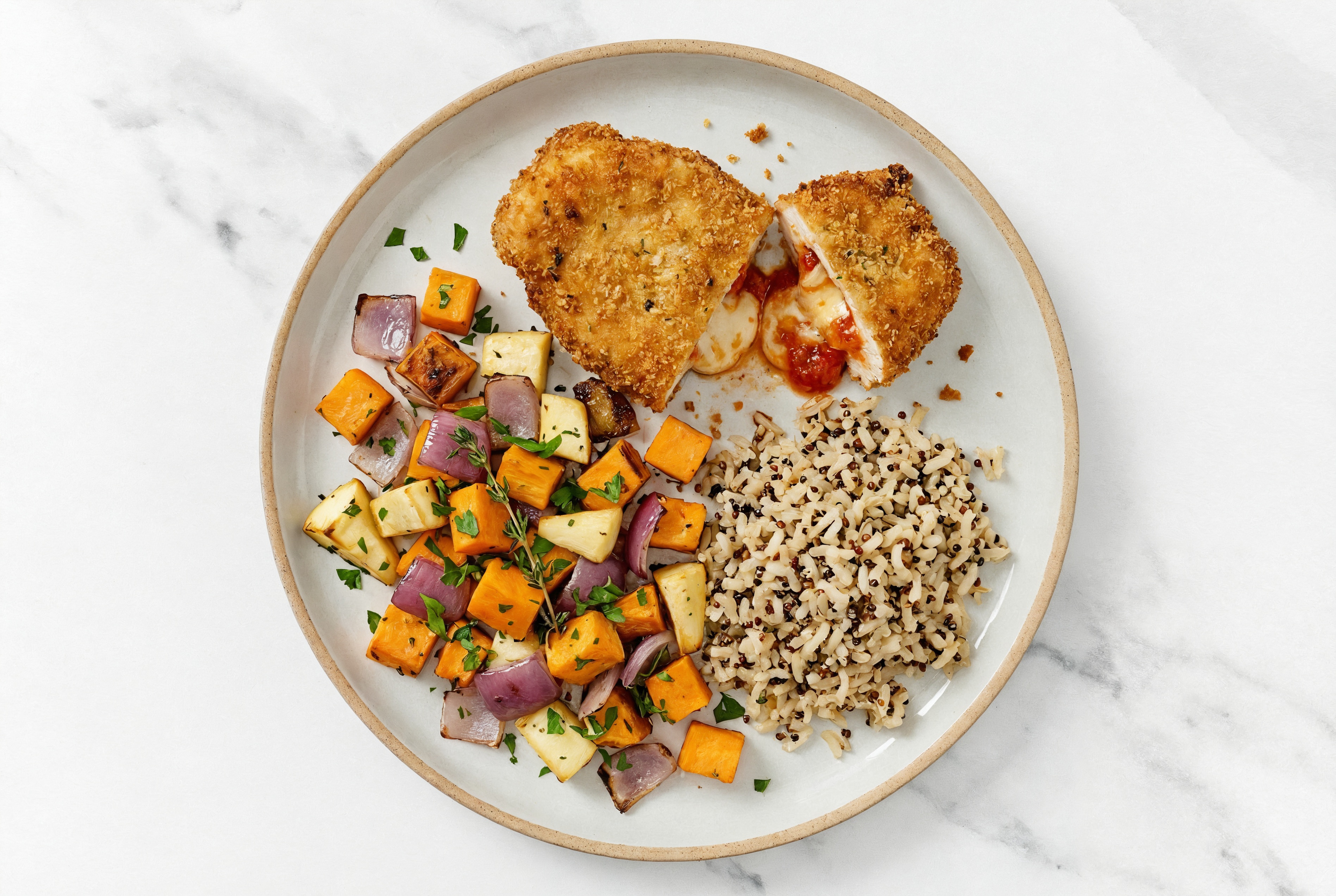 "Chicken" Parm with Roasting Veggies & Quinoa Blend