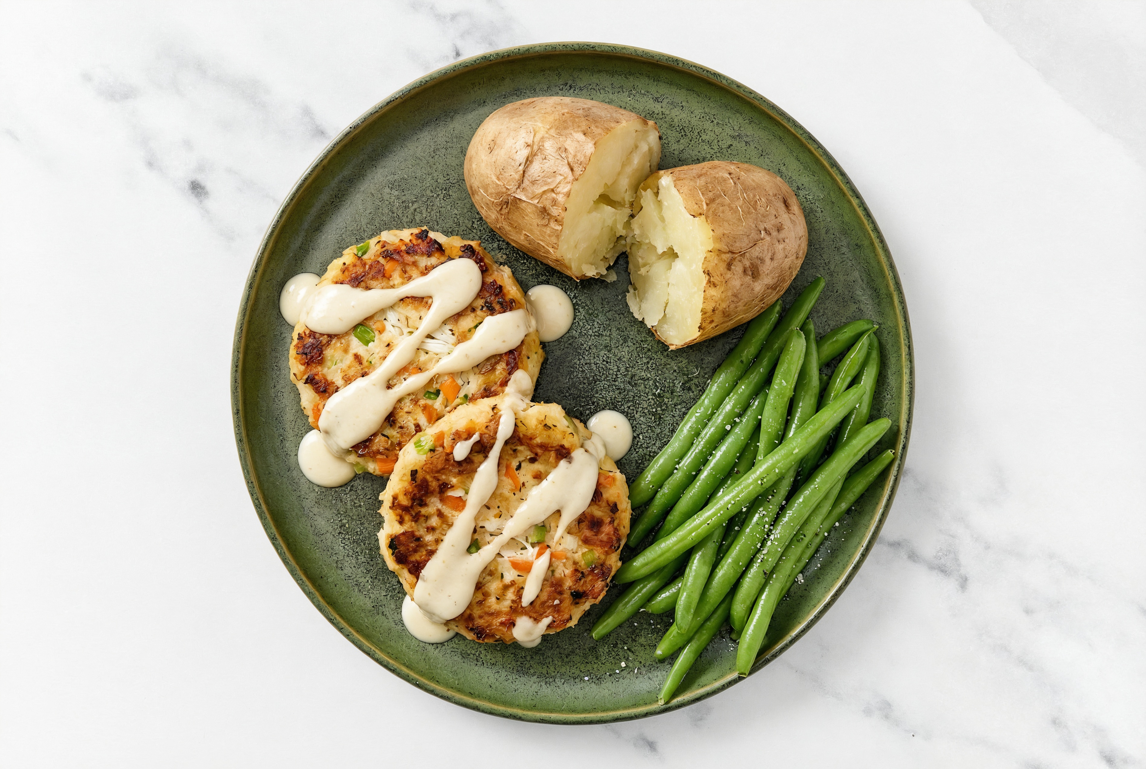 Herby Garlicky Snow Crab Cakes with Taters + Green Beans