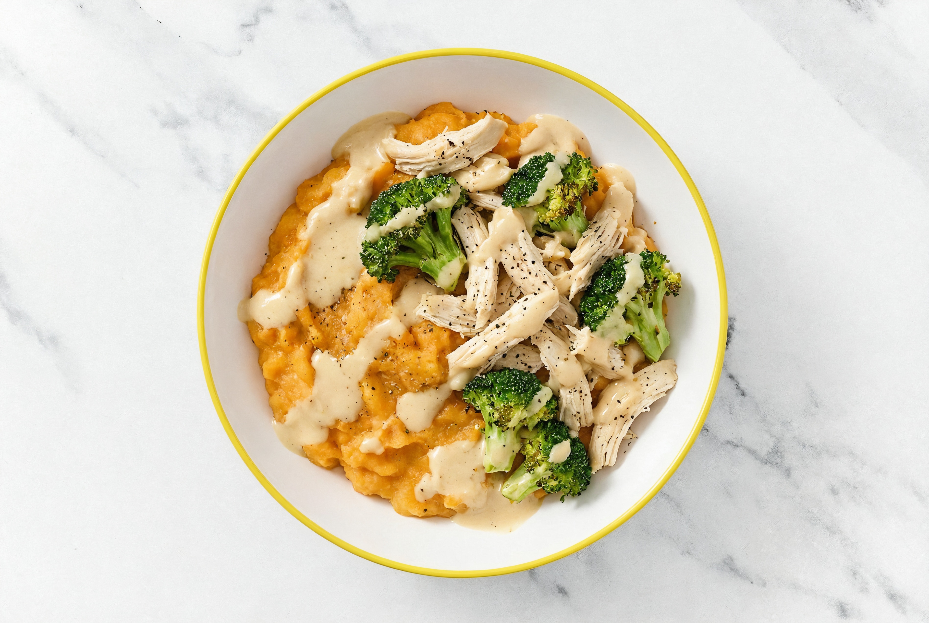 Creamy Miso Chicken Sweet Potato Bowl with Broccoli Bunches