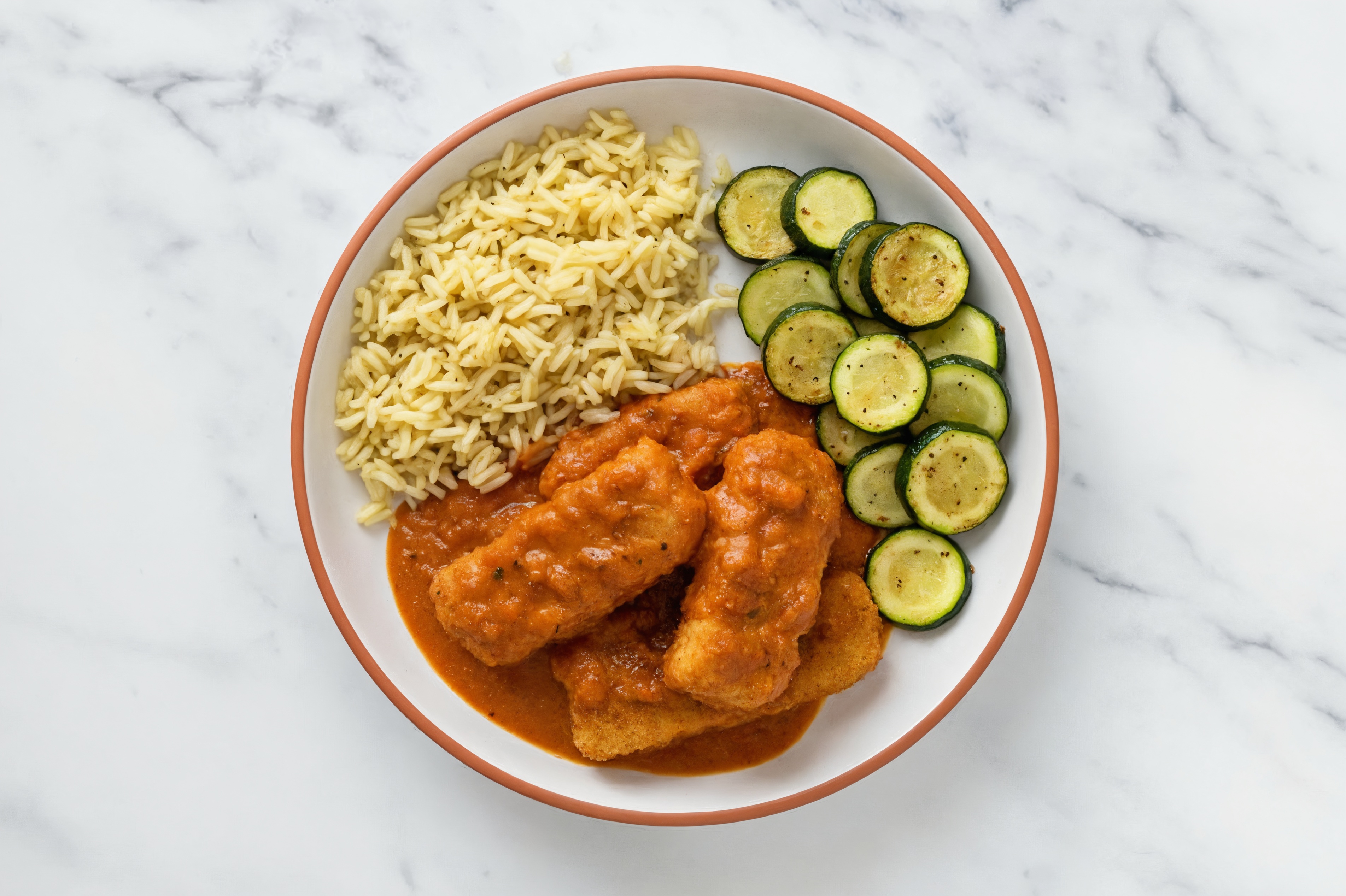 Crispy Tikka Masala Pollock Nuggets + Zucchini and Seasoned Jasmine Rice