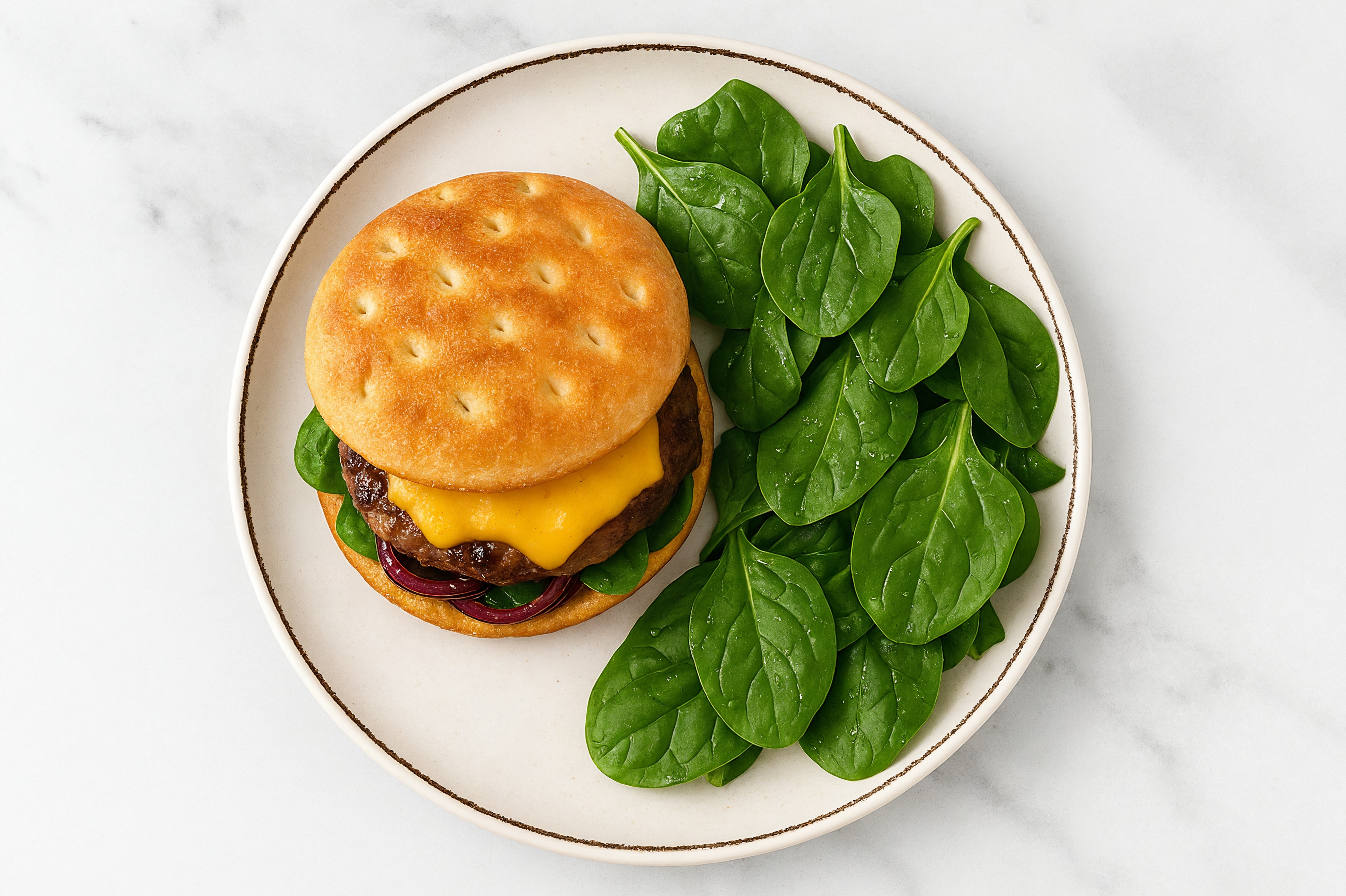 Caramelized Brisket Cheeseburger with Organic Spinach Salad