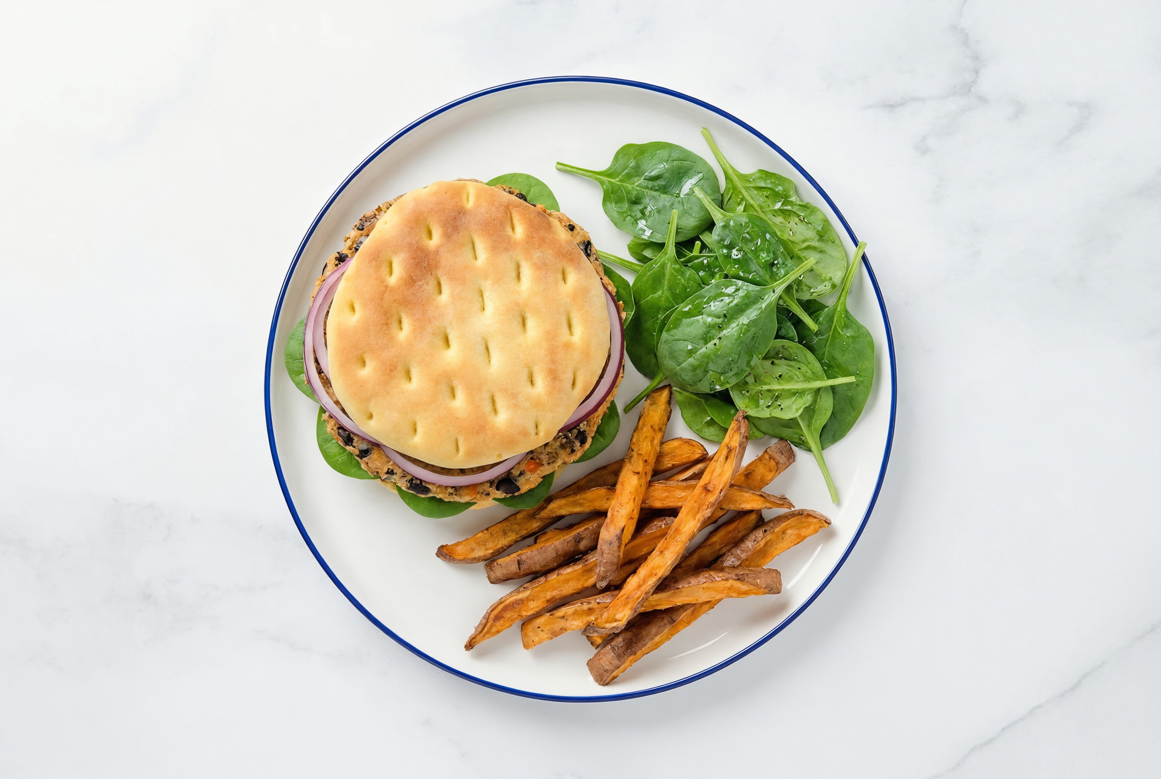 Herby Easy Black Bean Burger + Sweet Potato Fries with Baby Spinach