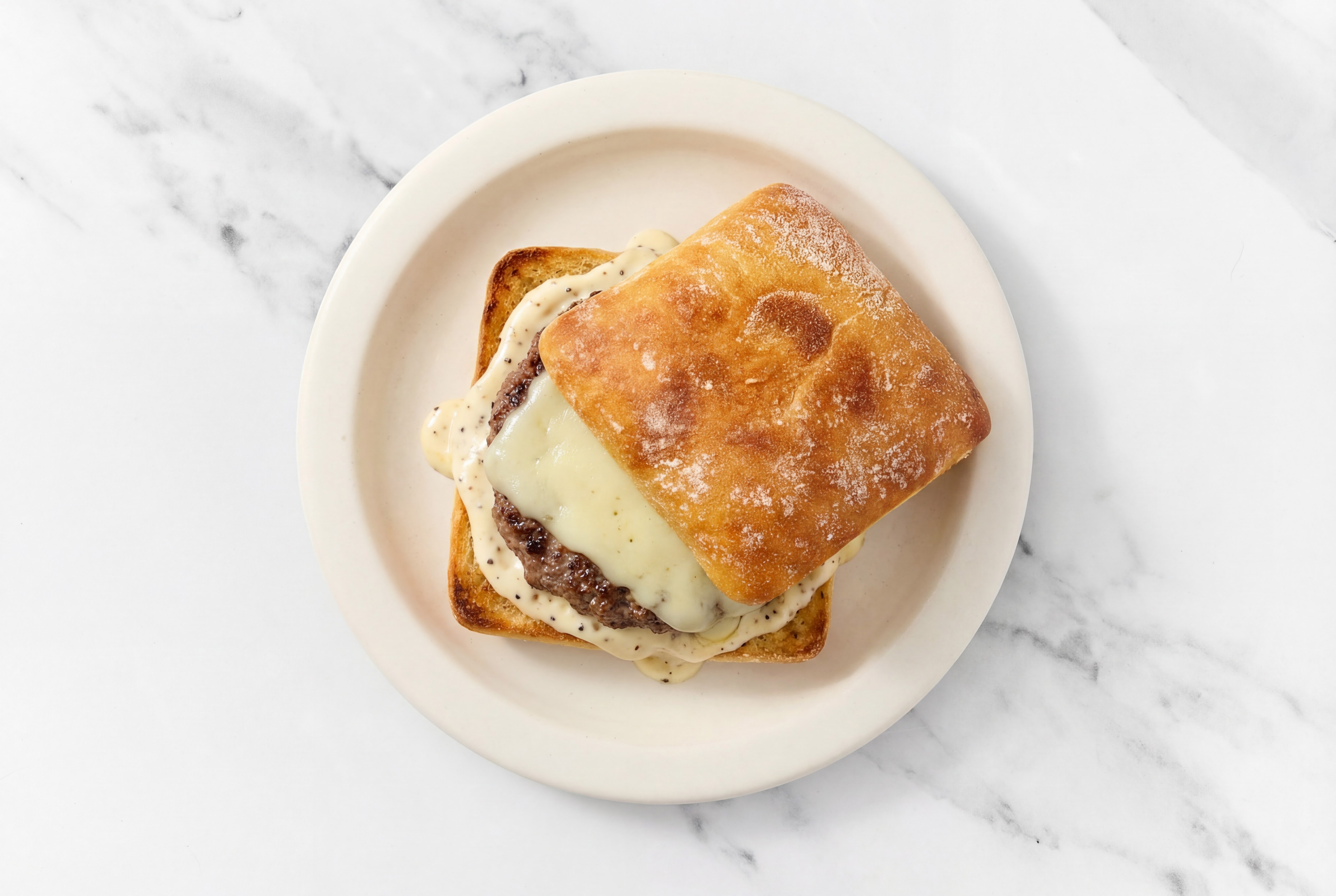 Beef Burger on Ciabatta with Asiago Sauce & Mozzarella