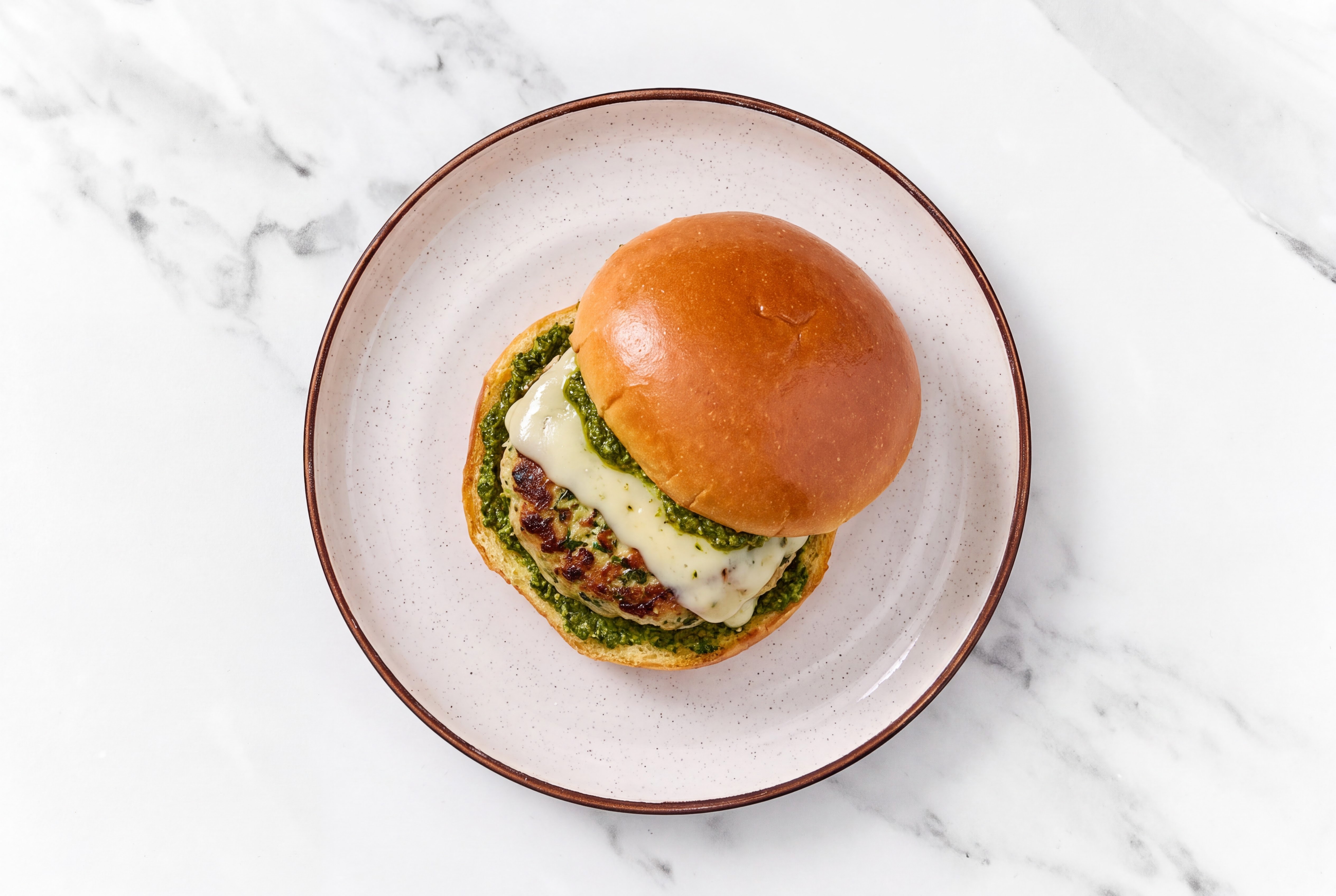Garlic Turkey Burger Buns on Brioche with Spinach Pesto & Havarti