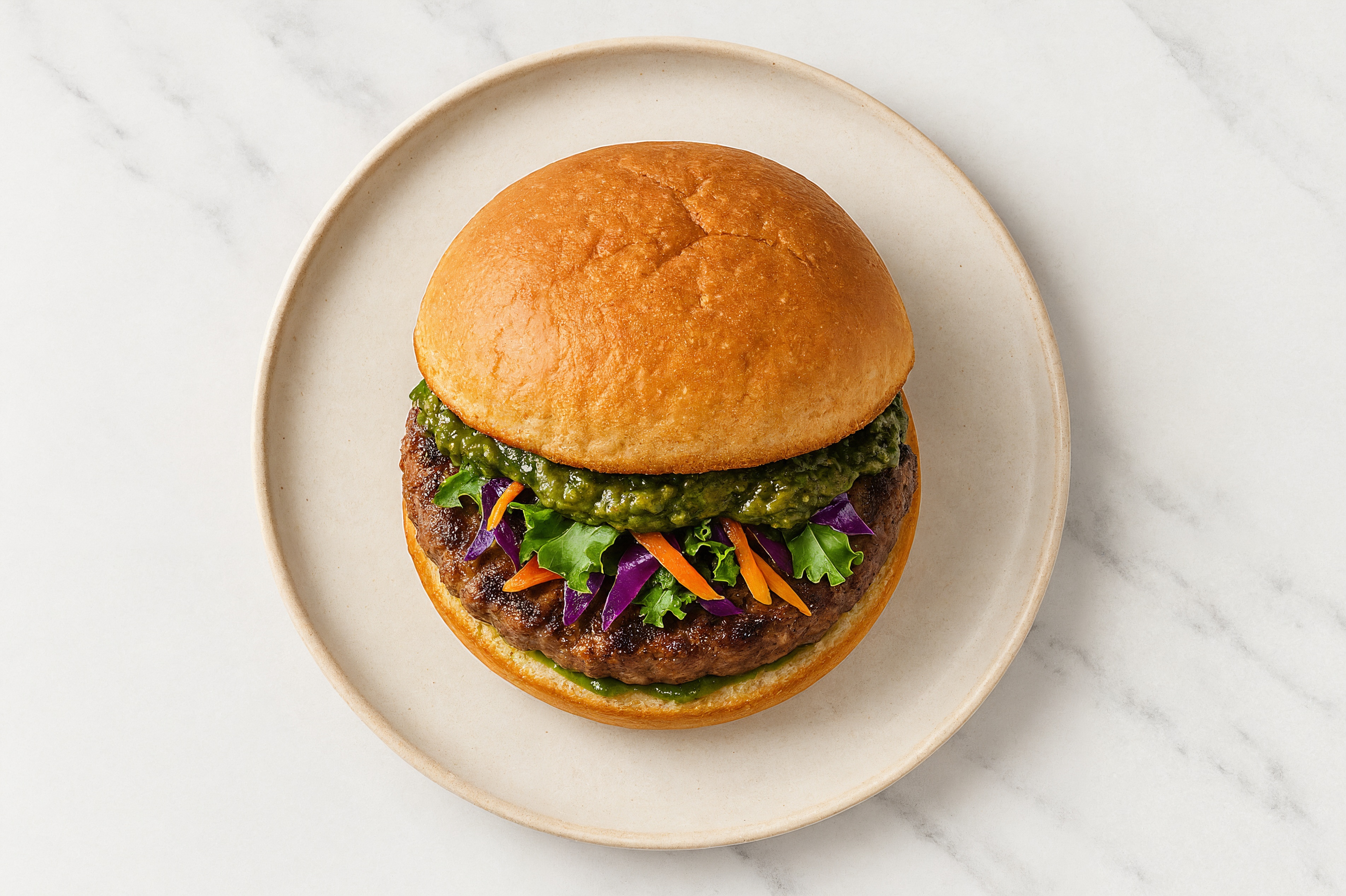 Rainbow Veggie Beef Burger on GF Bun with Basil Pesto