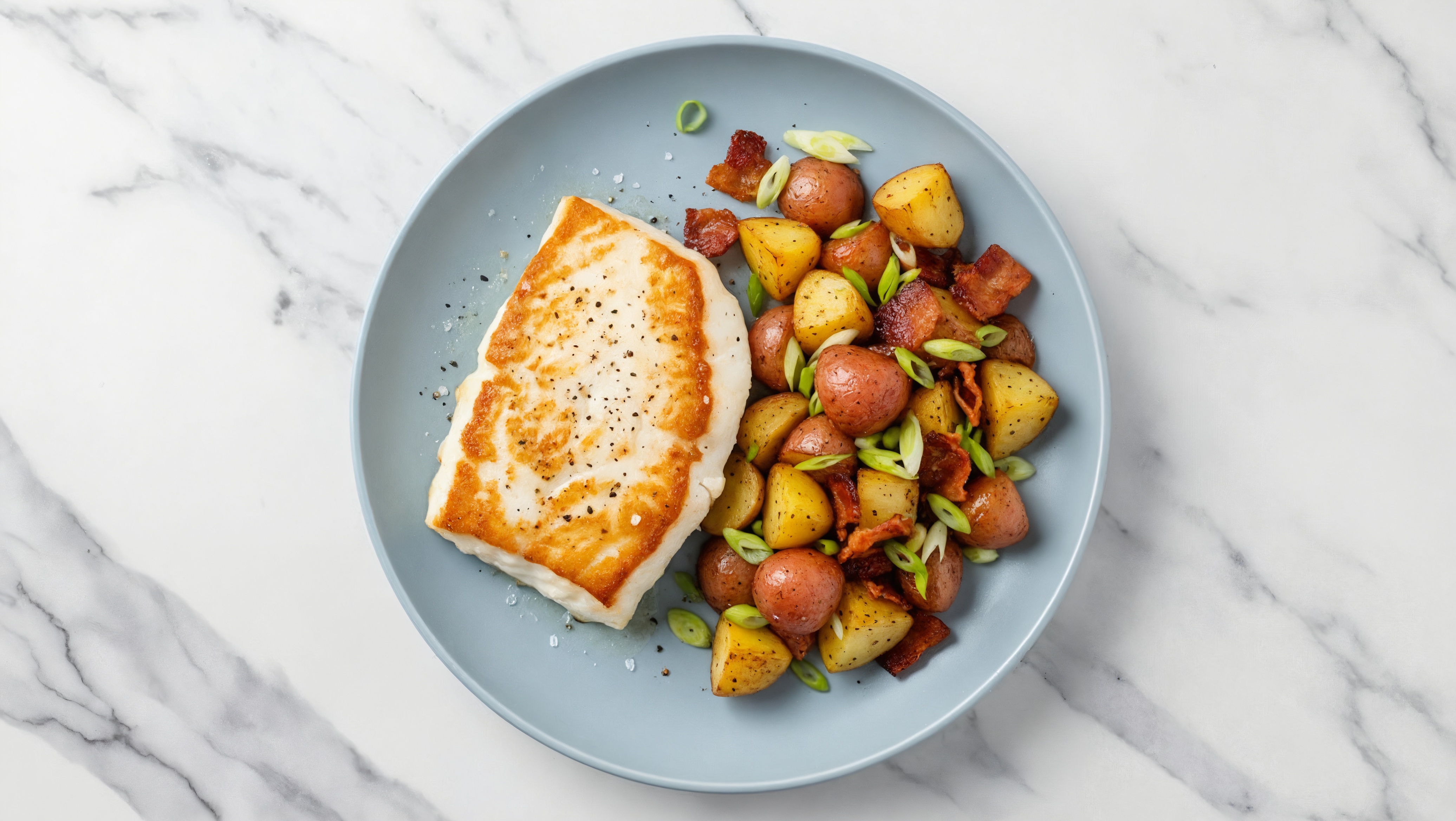 Halibut + Honey Herb Roasted Potatoes with Maple Bourbon Pork Bacon