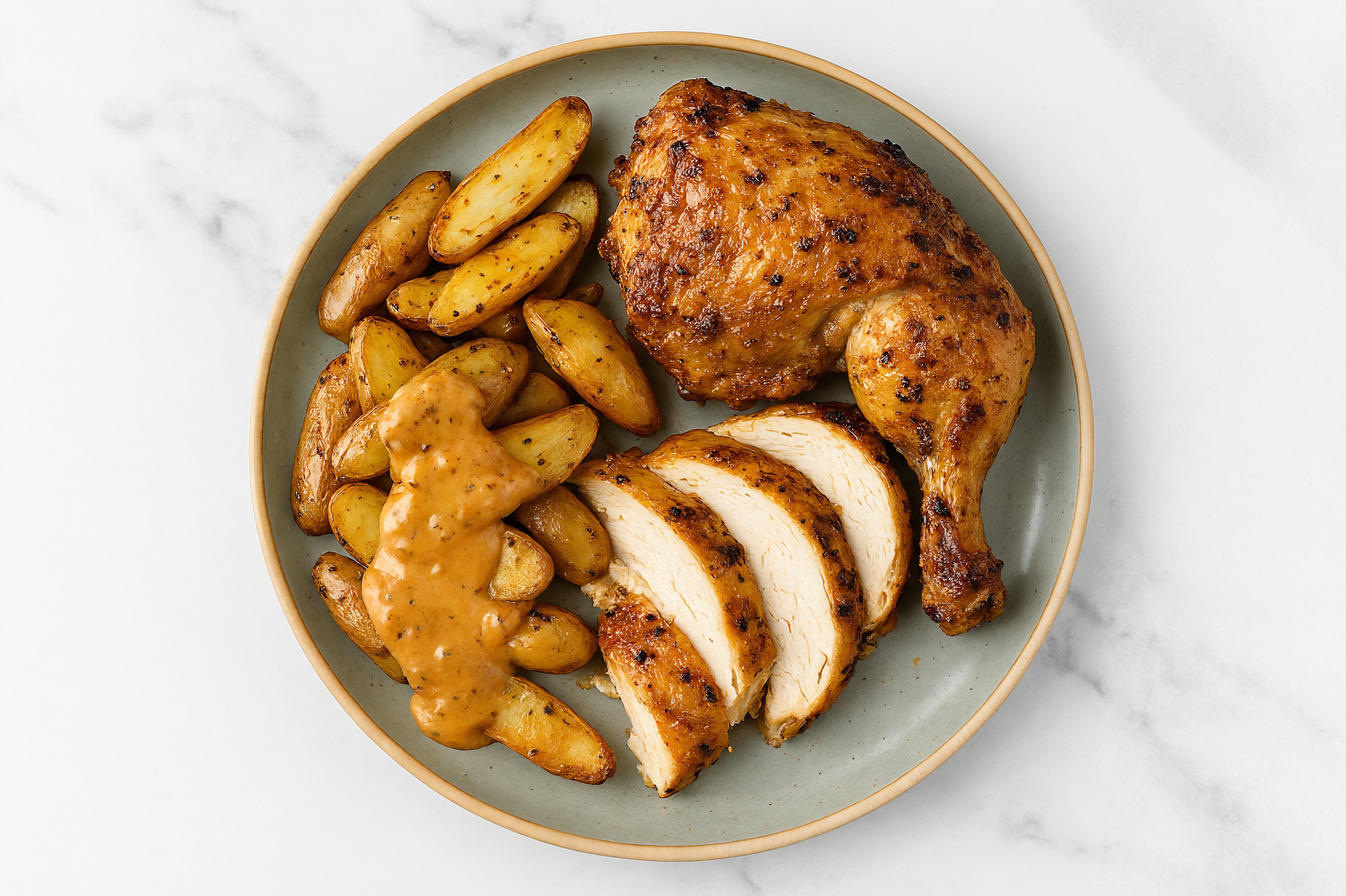 Garlic Herb Chicken + Roasted Potatoes with BBQ Sauce