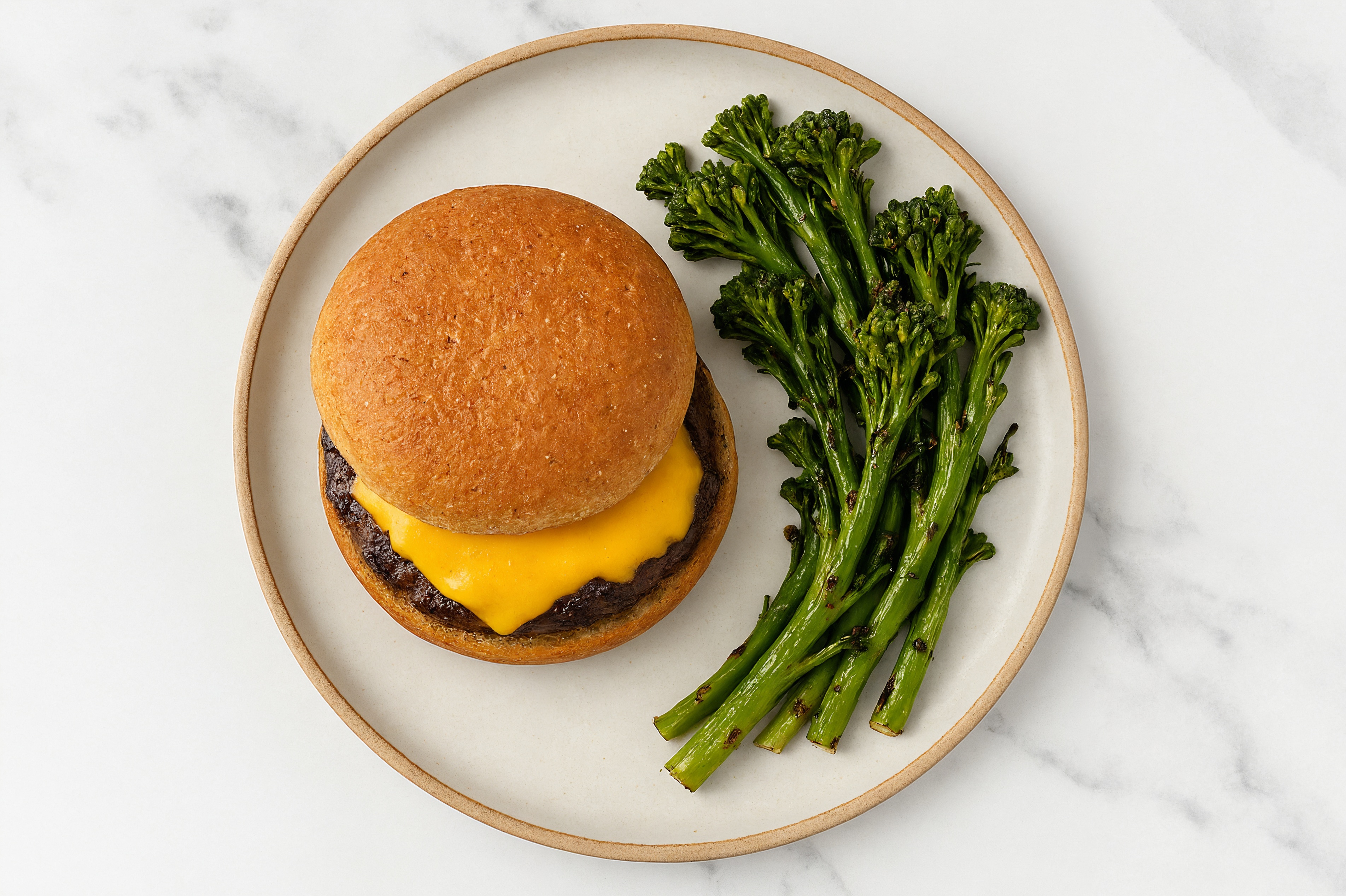 Classic Cheesy Wagyu Beef Burger with Baby Broccoli Side