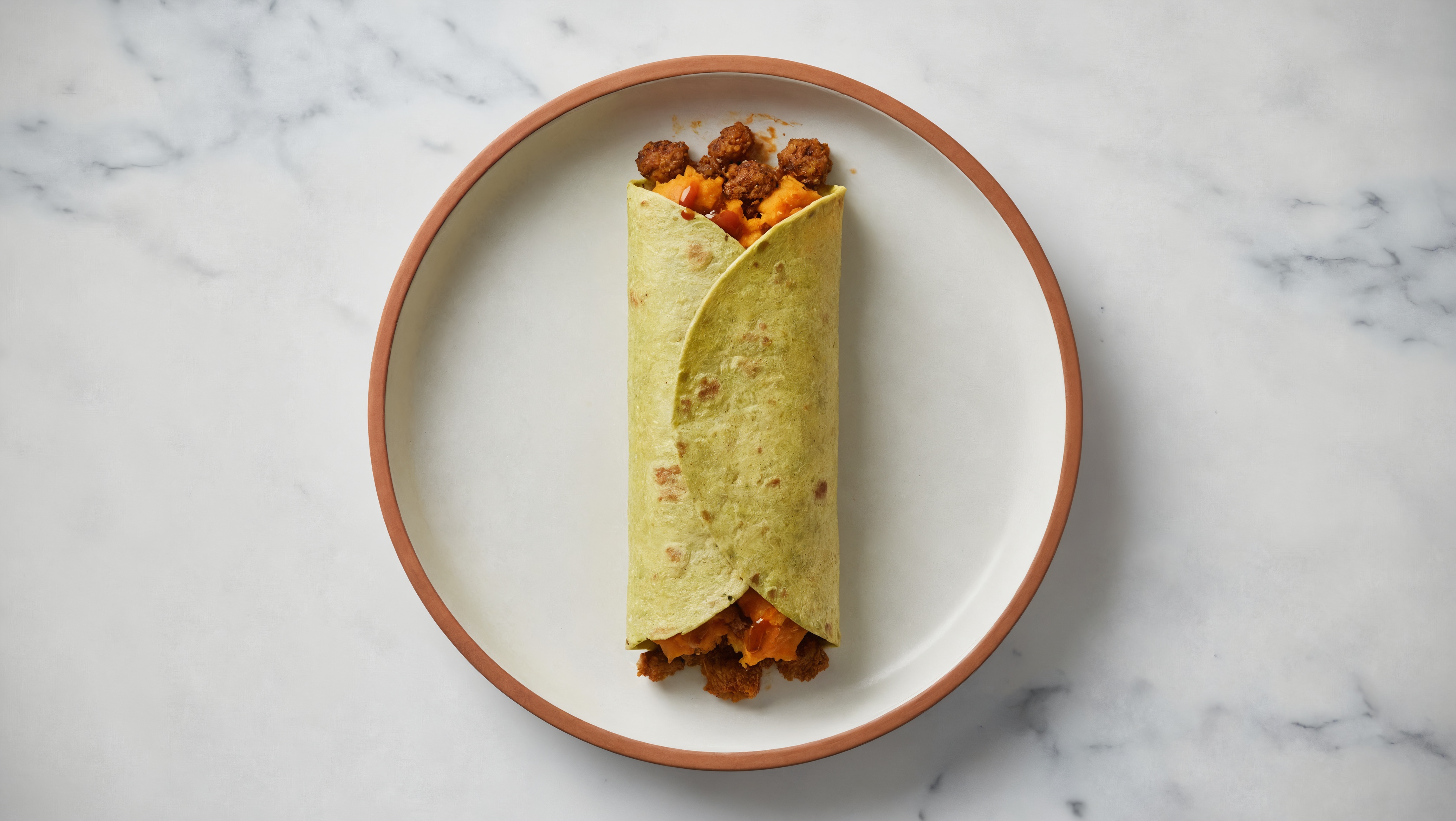 Spicy "Chorizo" + Sweet Potato Wrap with Sriracha Hot Sauce