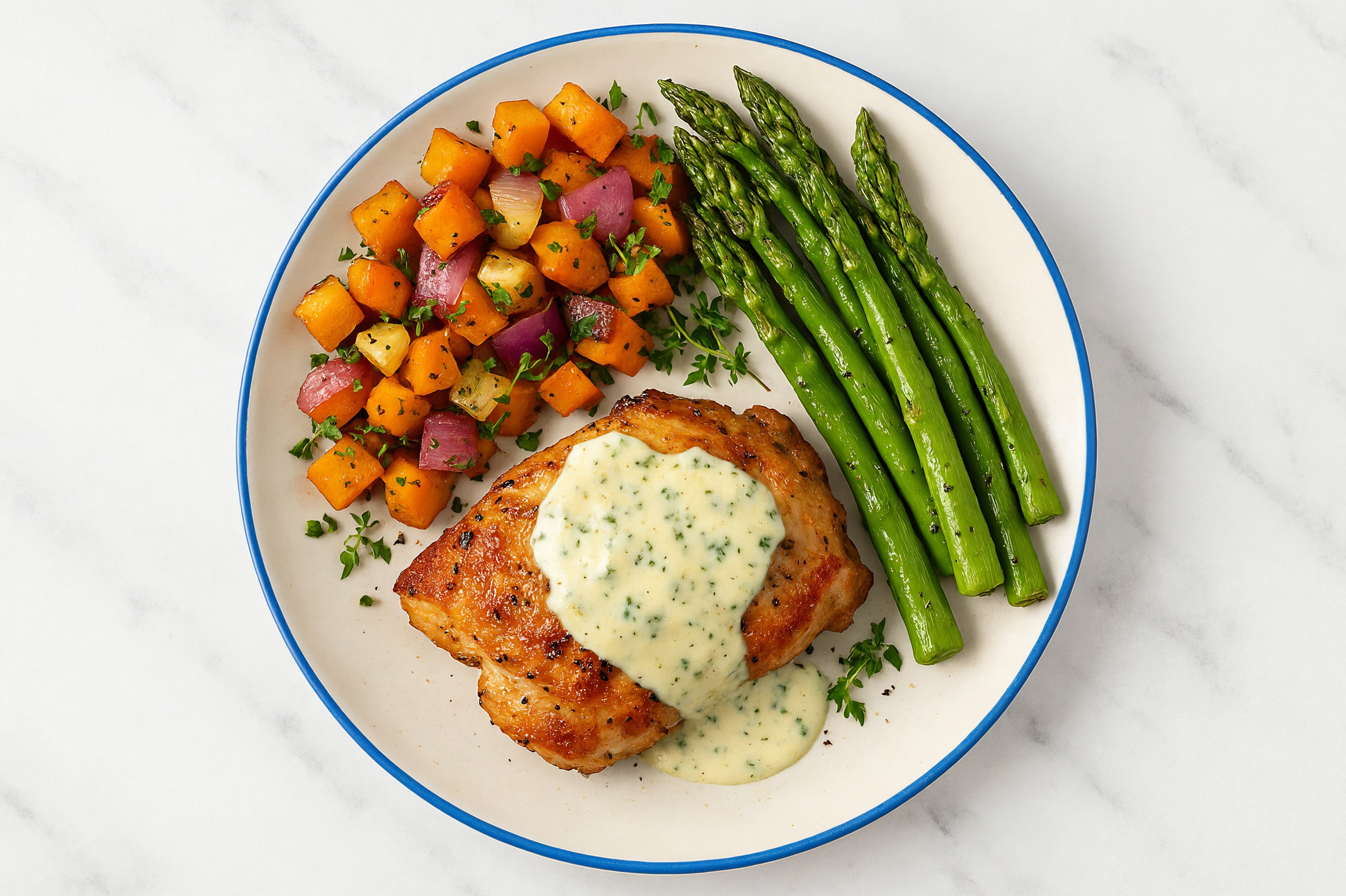 Creamy Herb Smothered Chicken Thighs with Asparagus & Roasted Vegetables