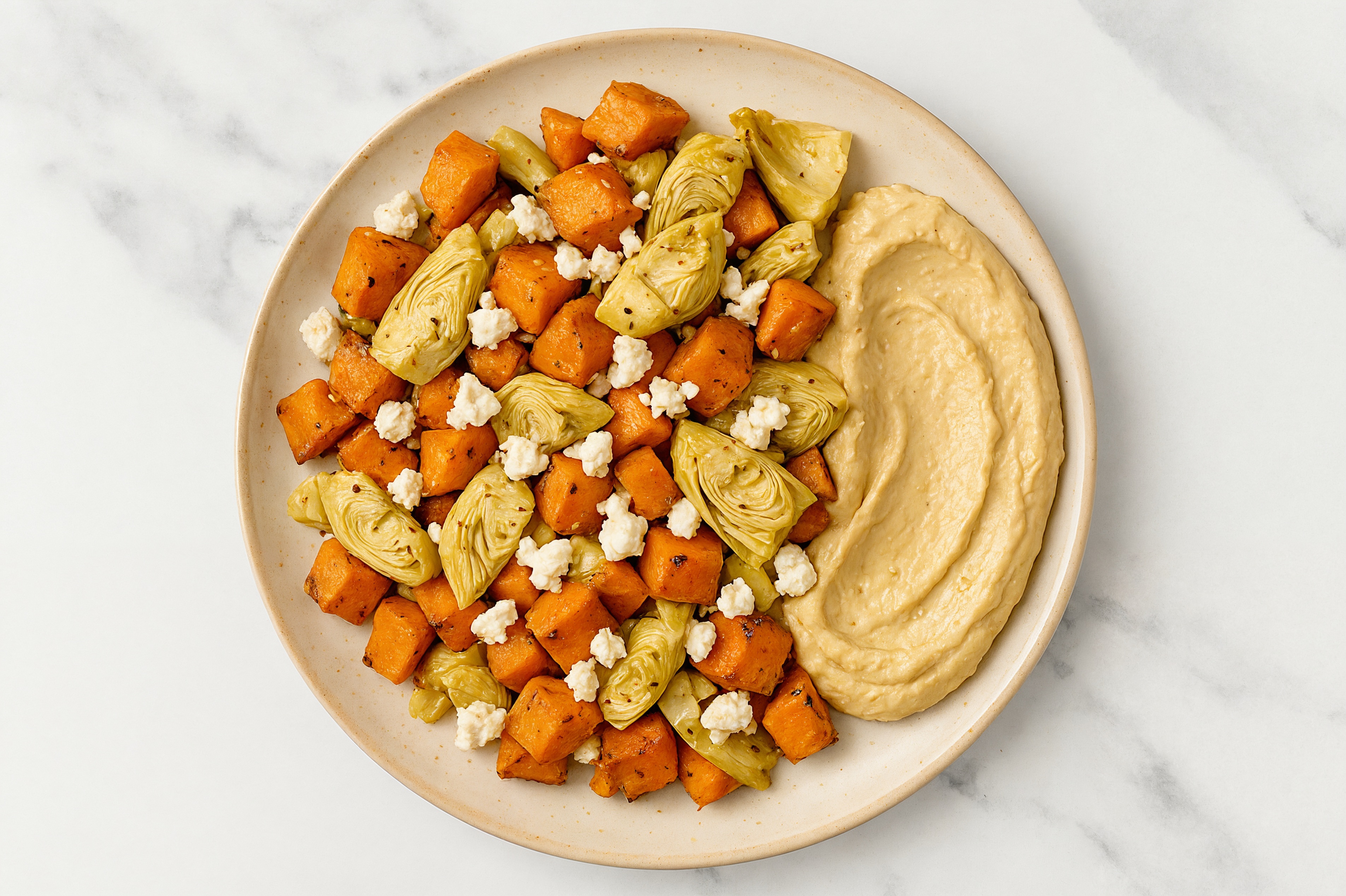 Feta Artichoke Sweet Potato Bowl over Onion Hummus