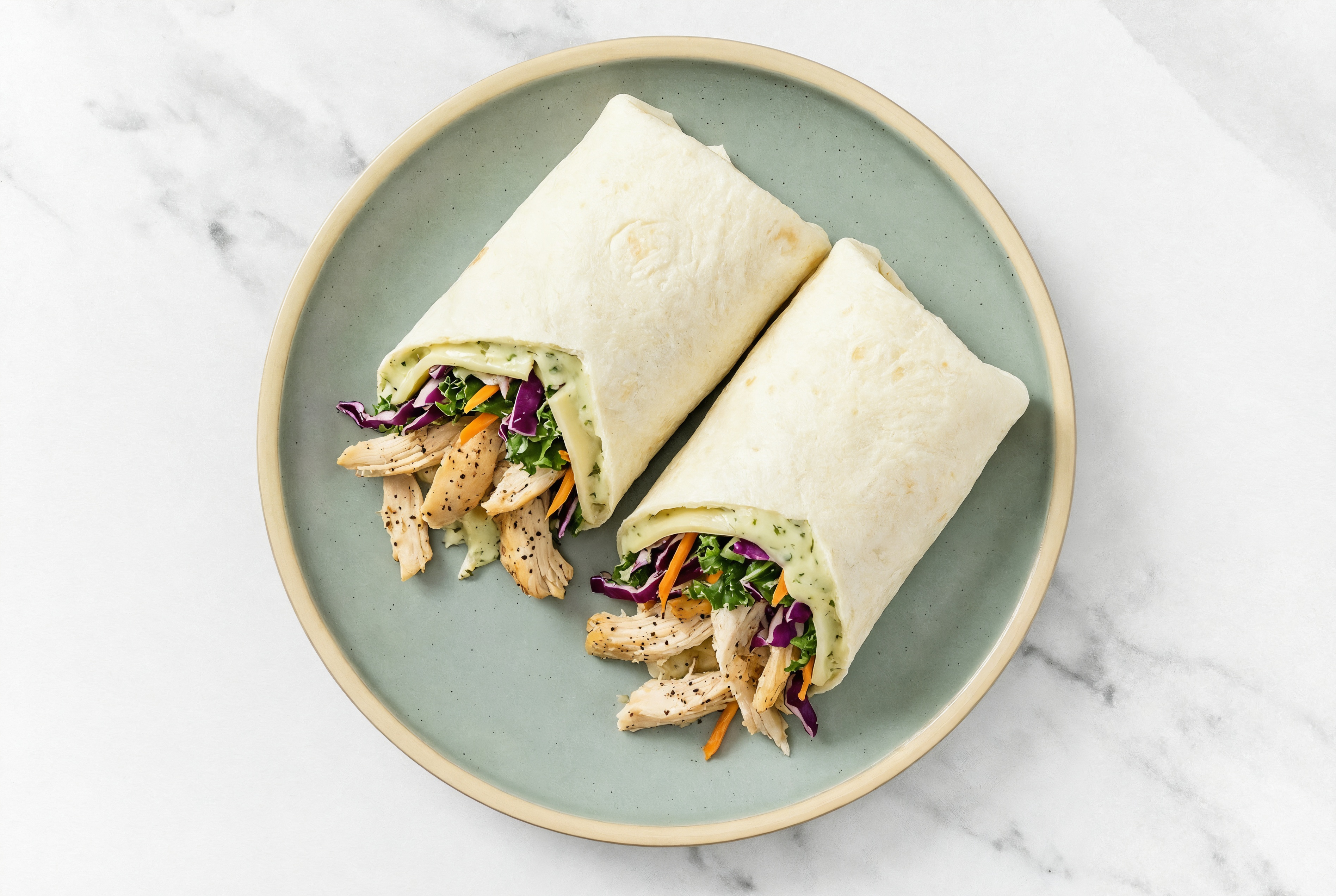 Jalapeño Pulled Chicken + Havarti Wraps with Rainbow Veggies