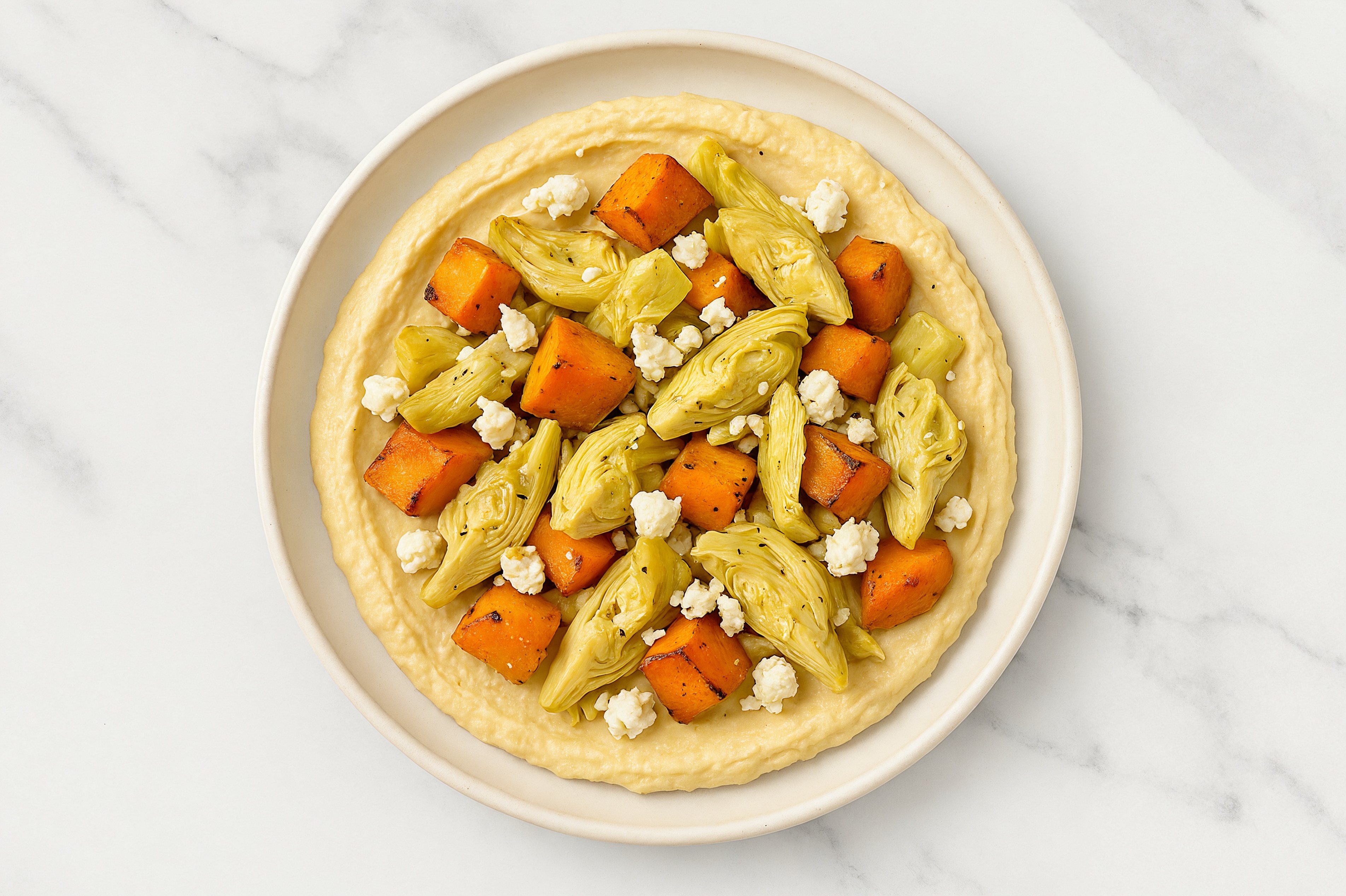 Feta Artichoke Sweet Potato Bowl over Lemon Garlic Hummus
