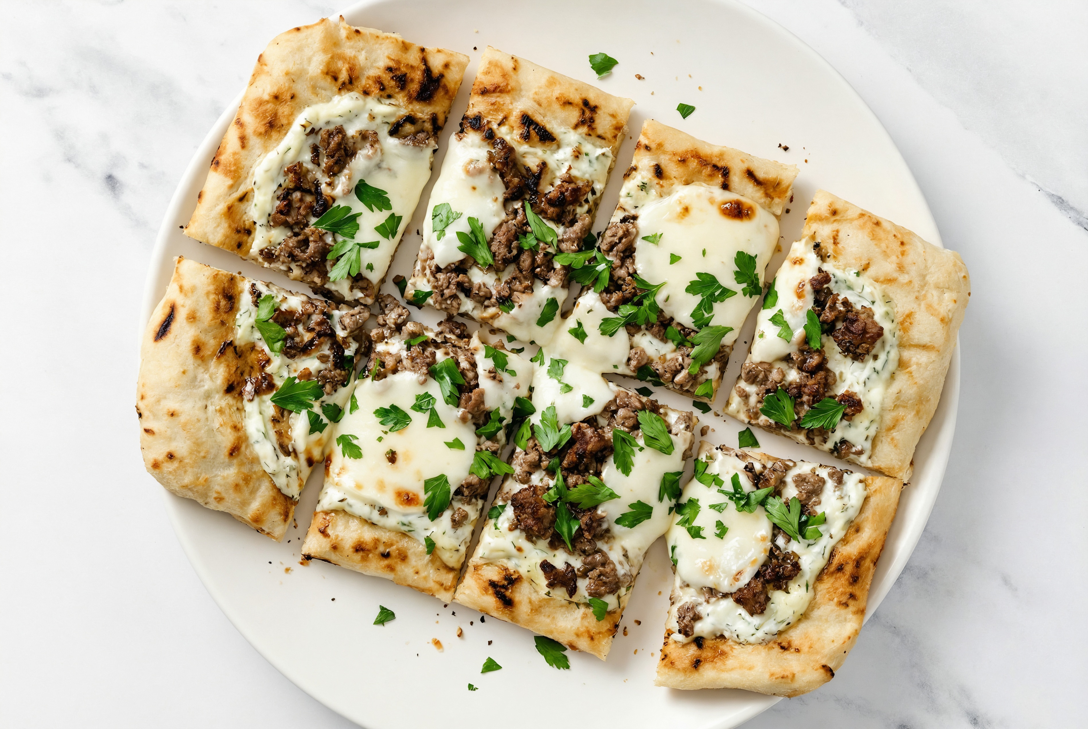 Creamy Feta Ground Beef Grilled Pizza with Fresh Mozz + Fresh Parsley