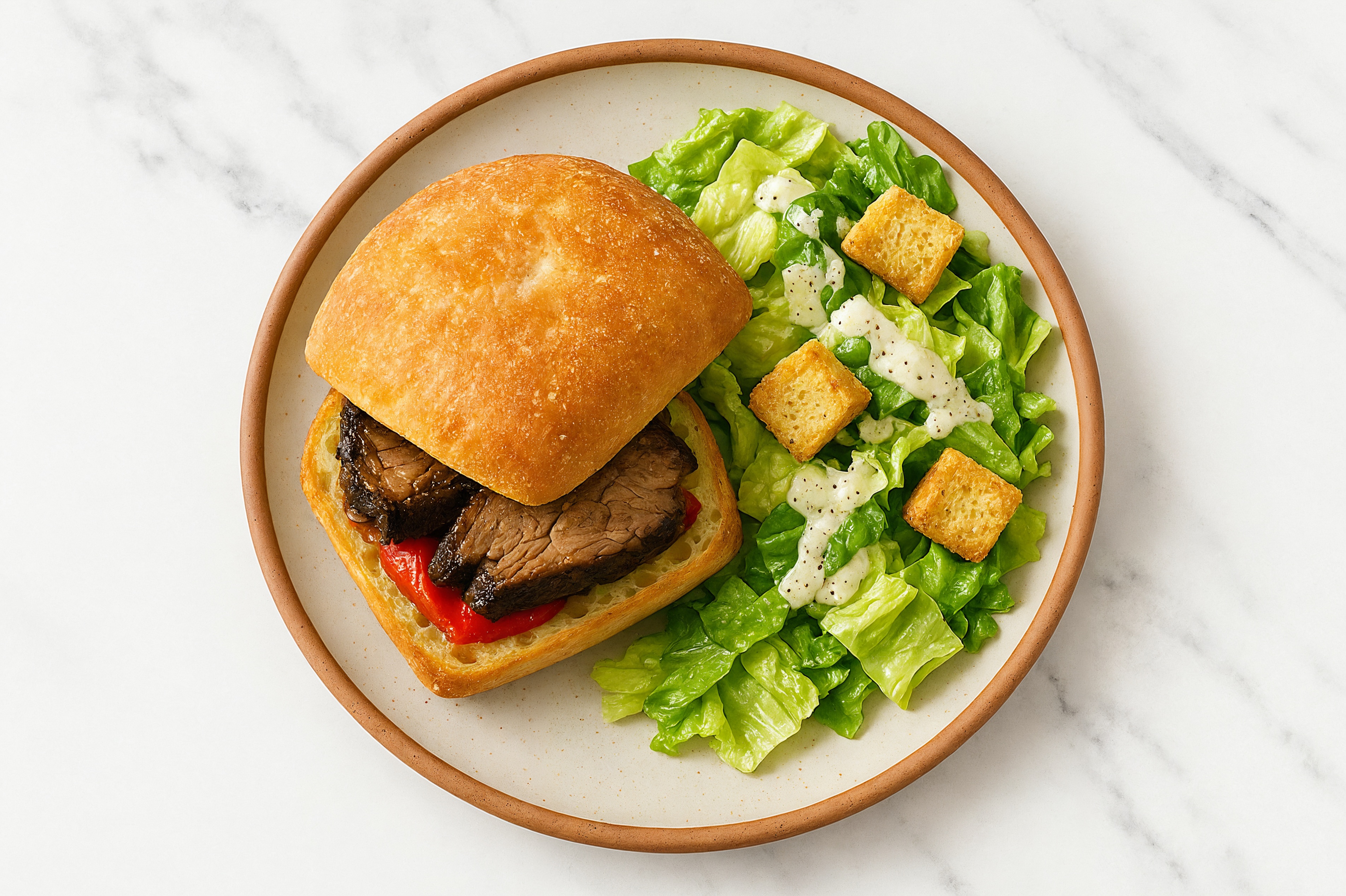 Roasted Bell Pepper Short Rib Sandwich with Caesar Salad