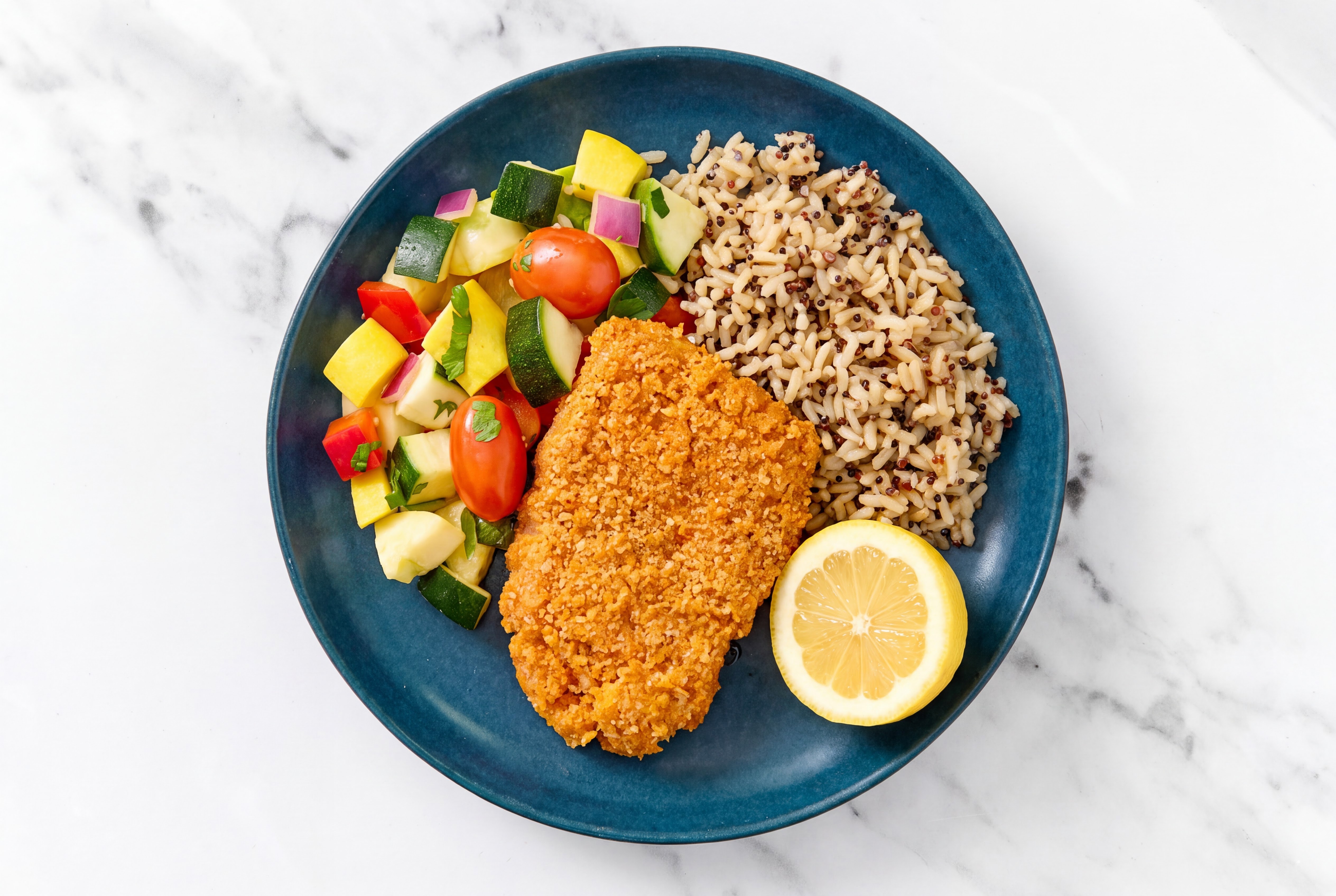 Lemon Hot Honey Breaded Chicken Cutlet with Squash Skillet & Brown Rice