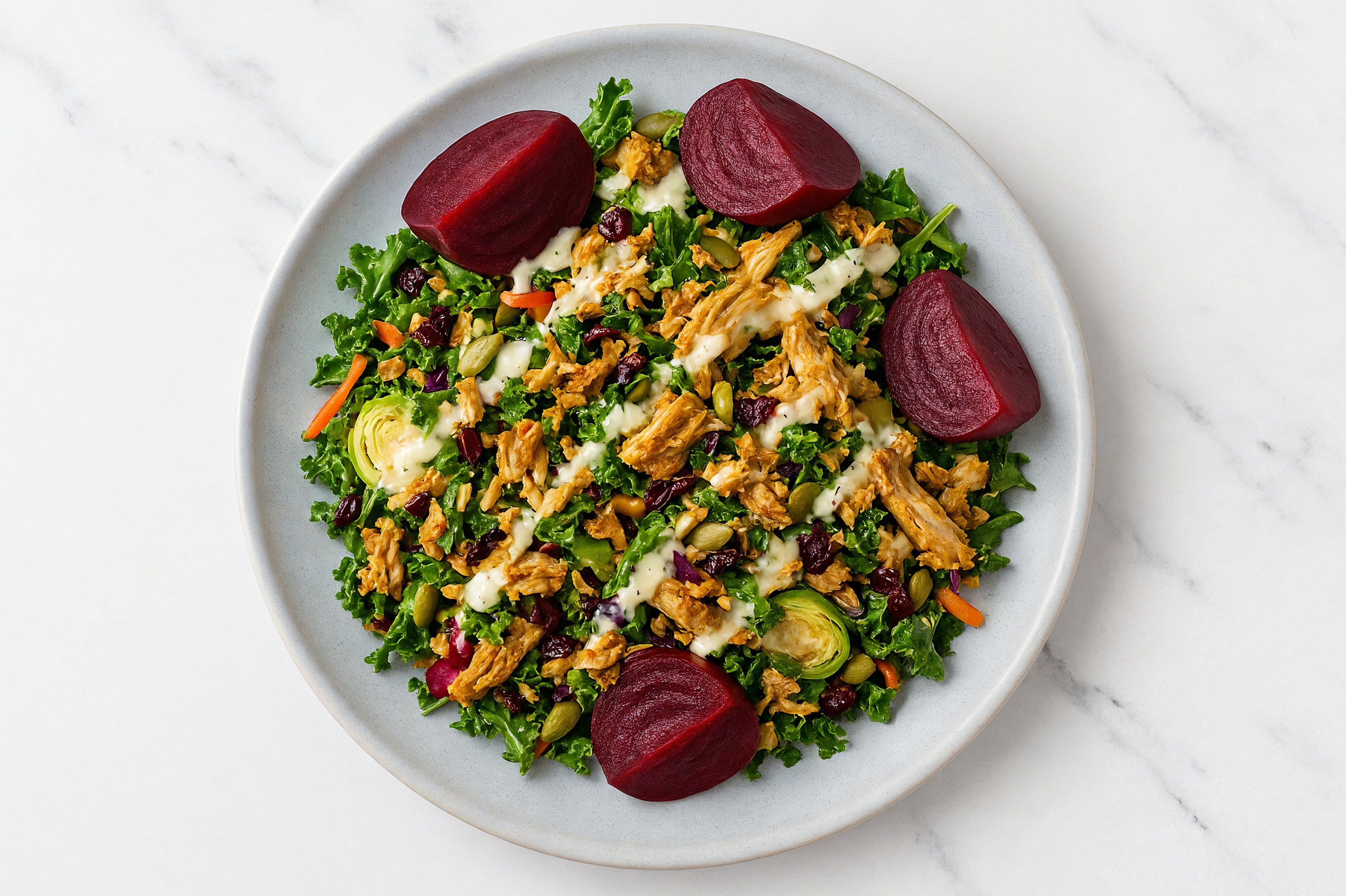 Sweet Kale Shawarma-Style Chicken Thighs Salad with Organic Cooked Beets