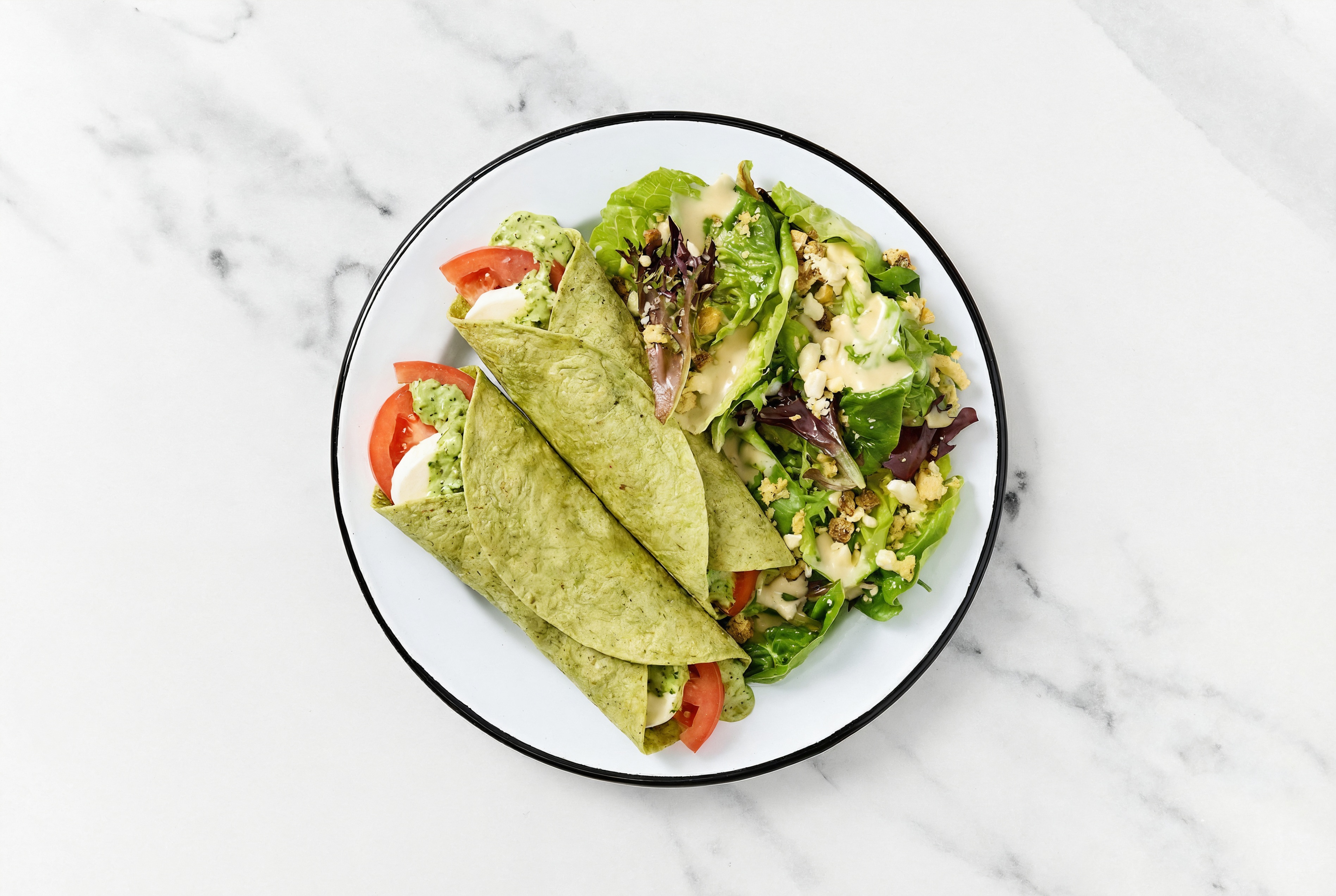 Tomato, Pesto + Mozzarella Wrap with Little Gem Salad Side with Spinach Tortilla