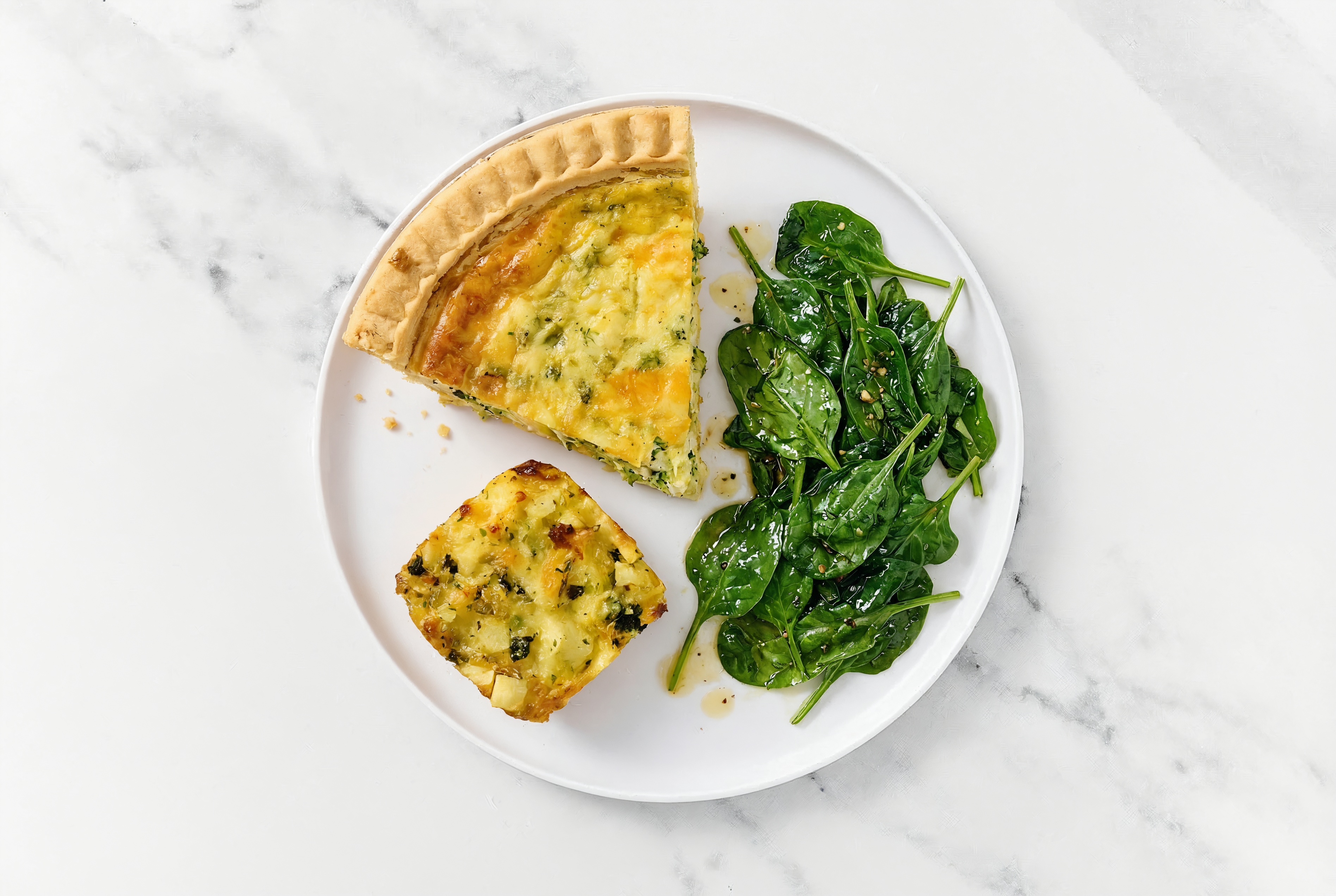 Broccoli & Cheddar Quiche with Baby Spinach & Potato Bake