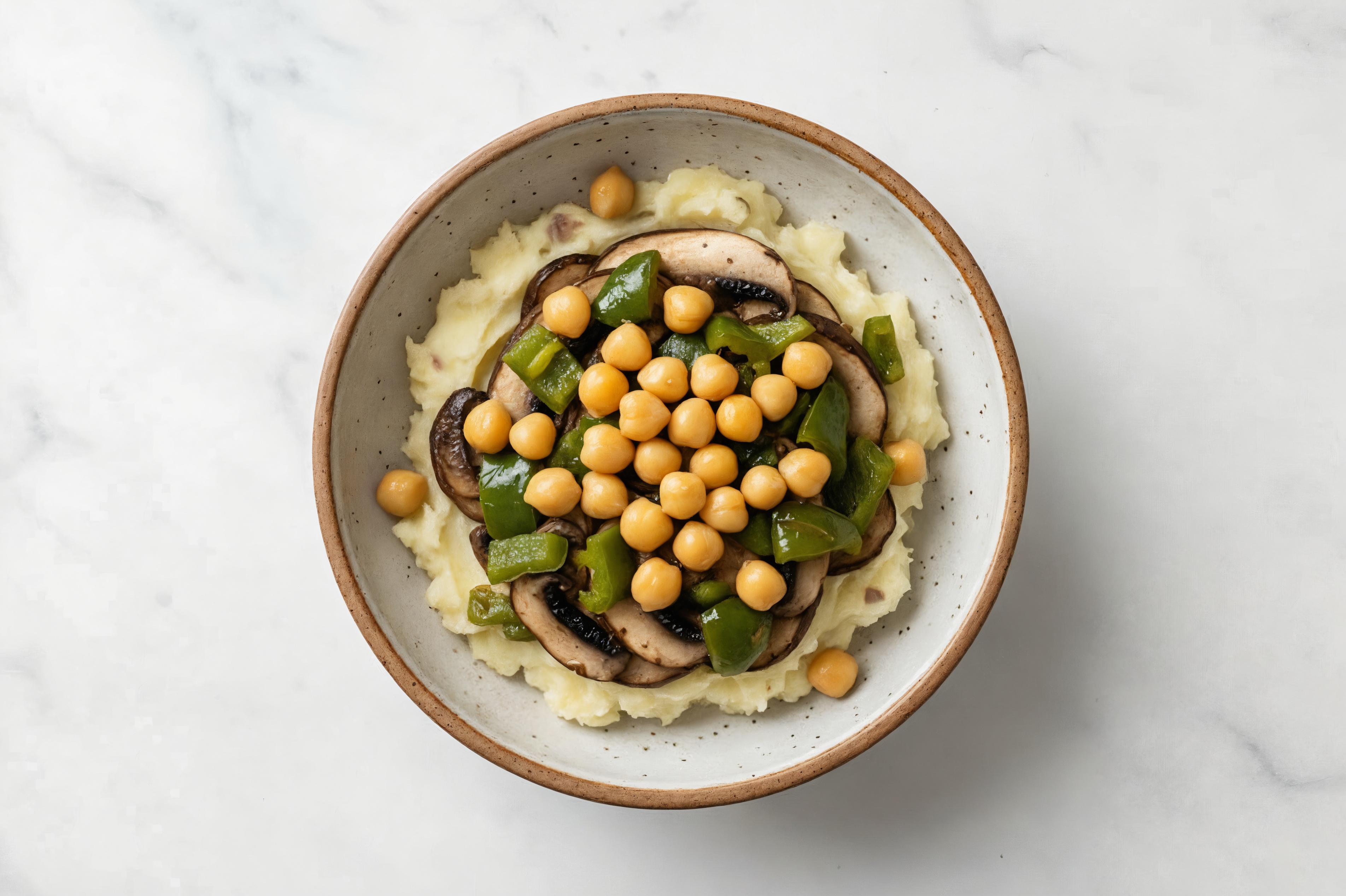 Vegan Mashed Microwave-Ready Russet Potato Plate with Sautéed Poblano, Mushroom + Garbanzo