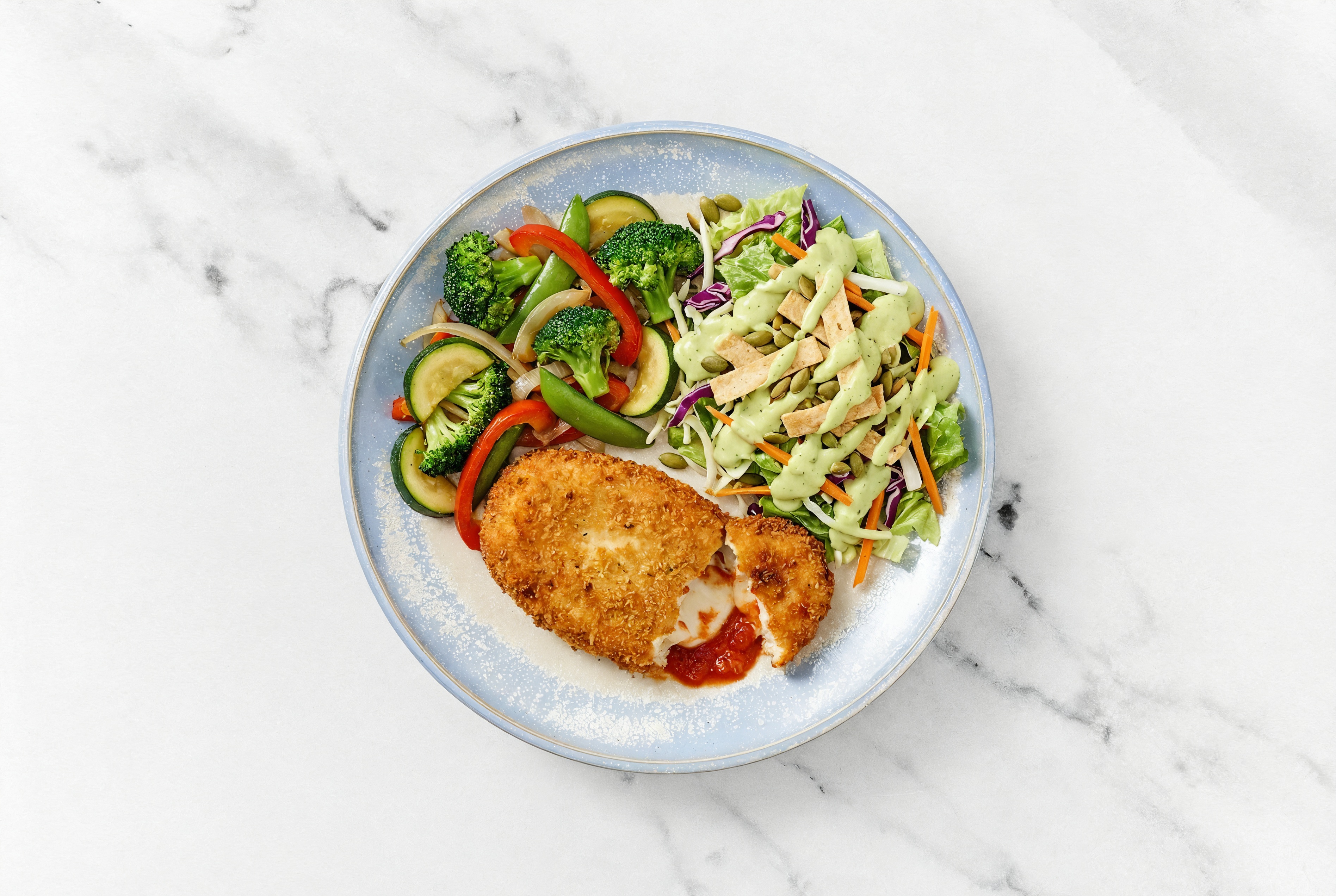 "Chicken" Parm with Veggies & Goddess Salad