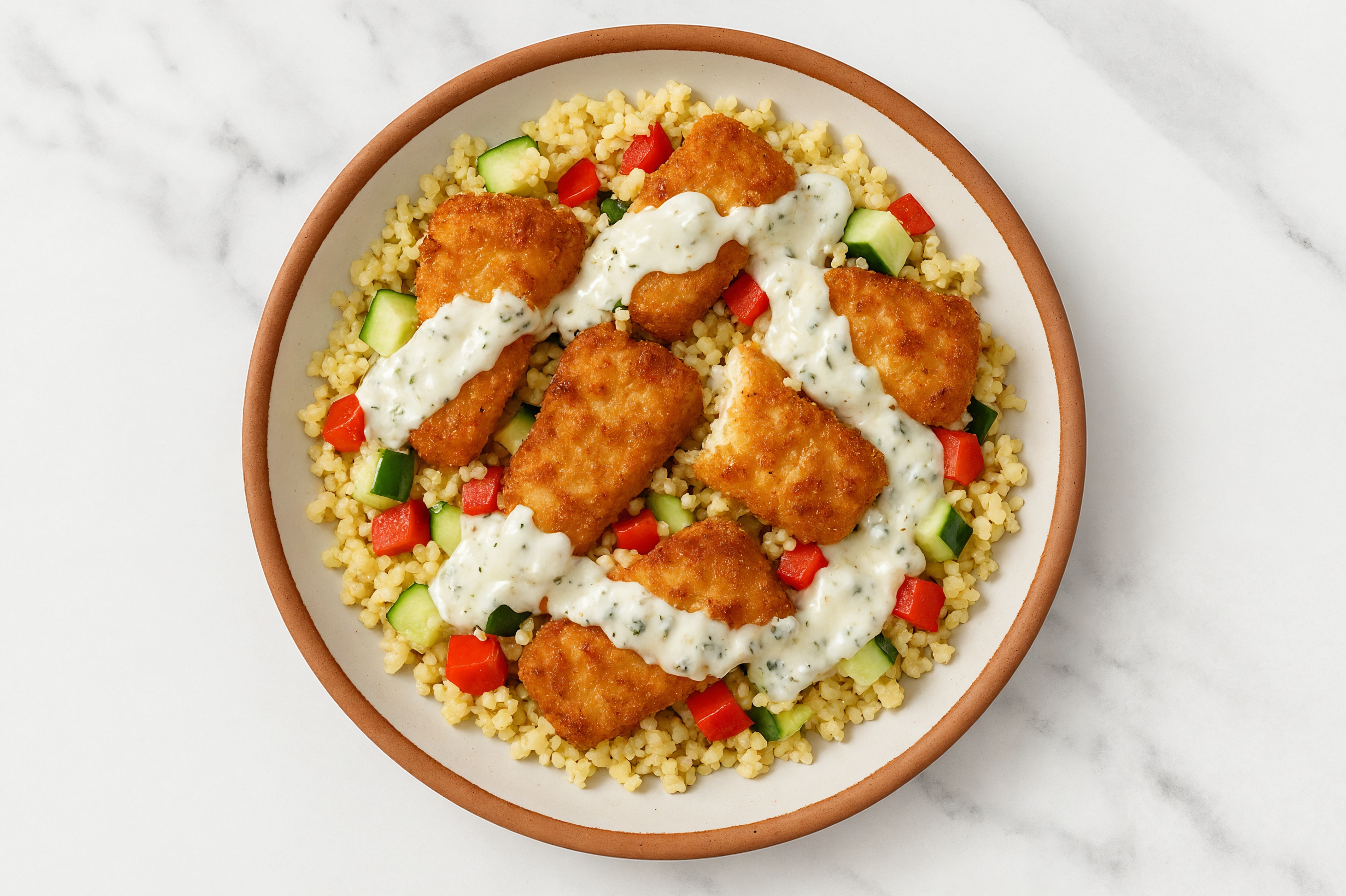 Breaded Fish + Tzatziki Veggie Bliss Bowl with Red Bell Pepper