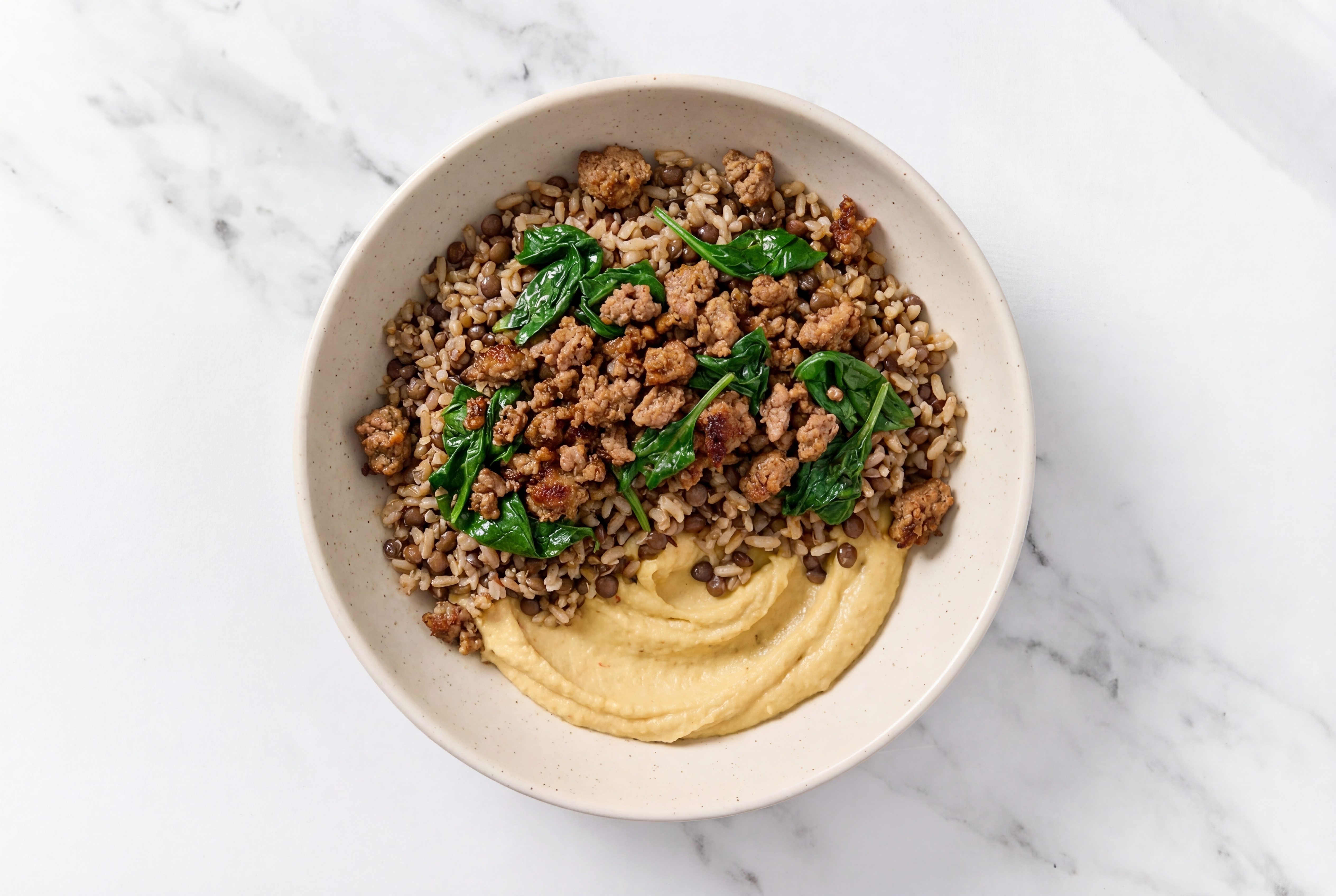 Ground Beef & Spinach Grain Bowl with Onion Hummus