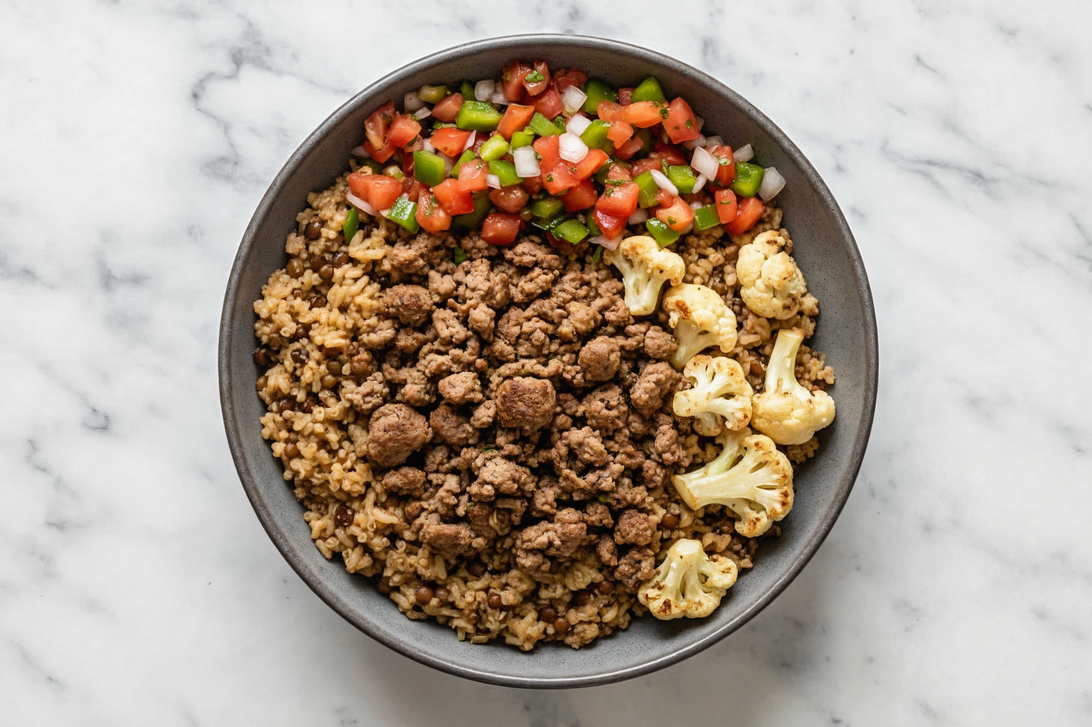 Southwestern Ground Lamb + Lentil Bowl with Cauliflower Florets