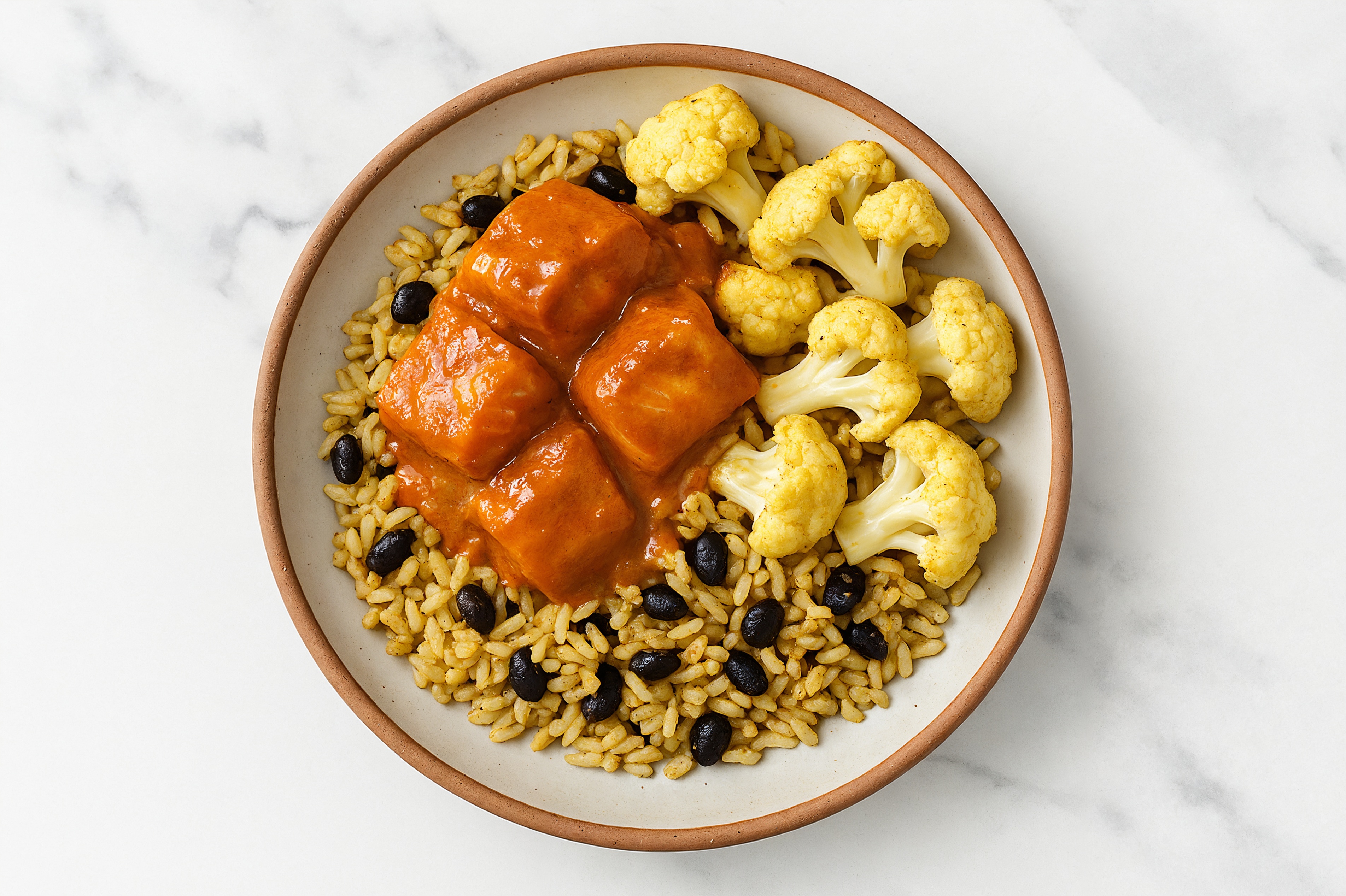 Salmon Tikka Masala over  Rice with Beans