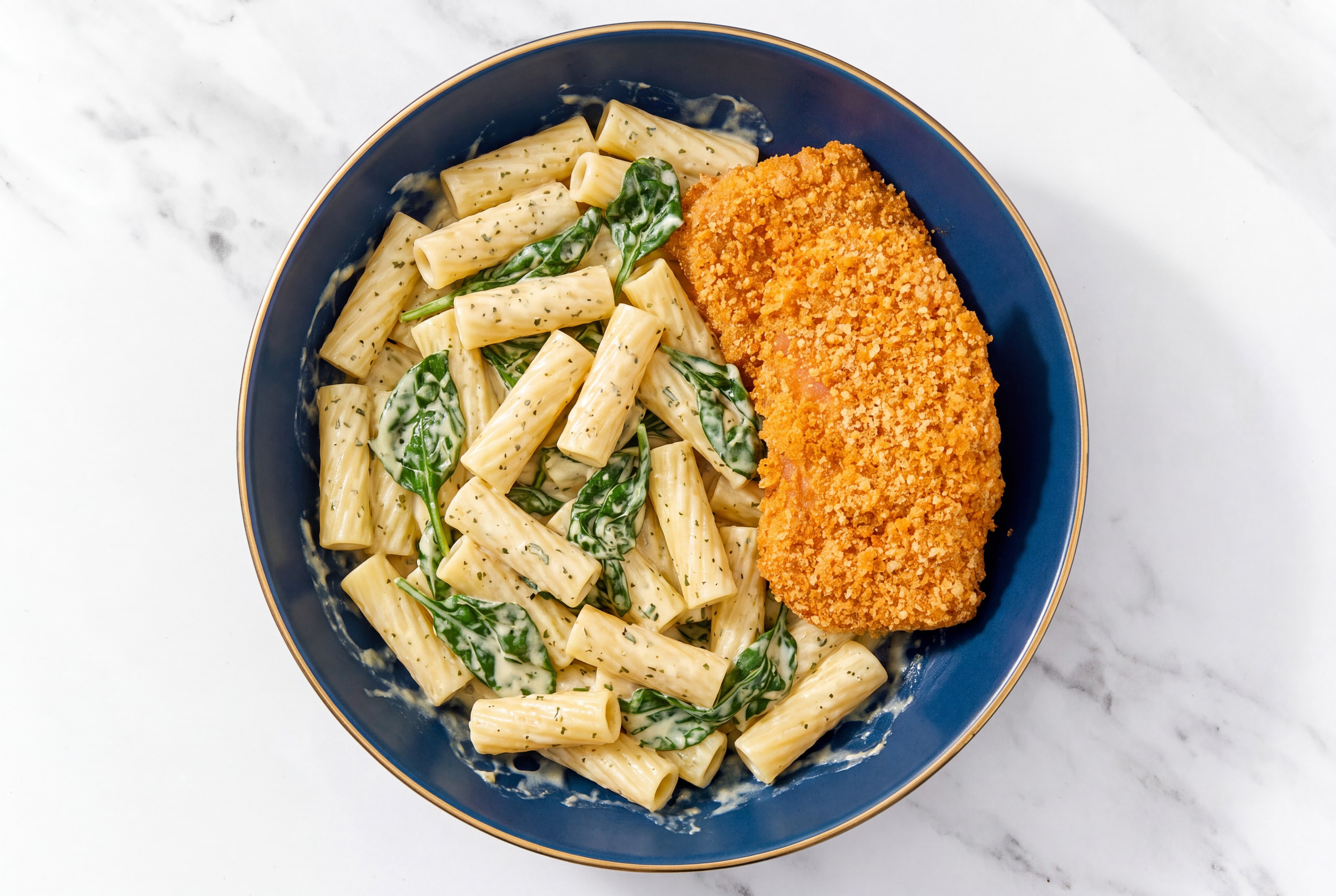 Crispy Hot Honey Chicken over Creamy Rigatoni with Baby Spinach