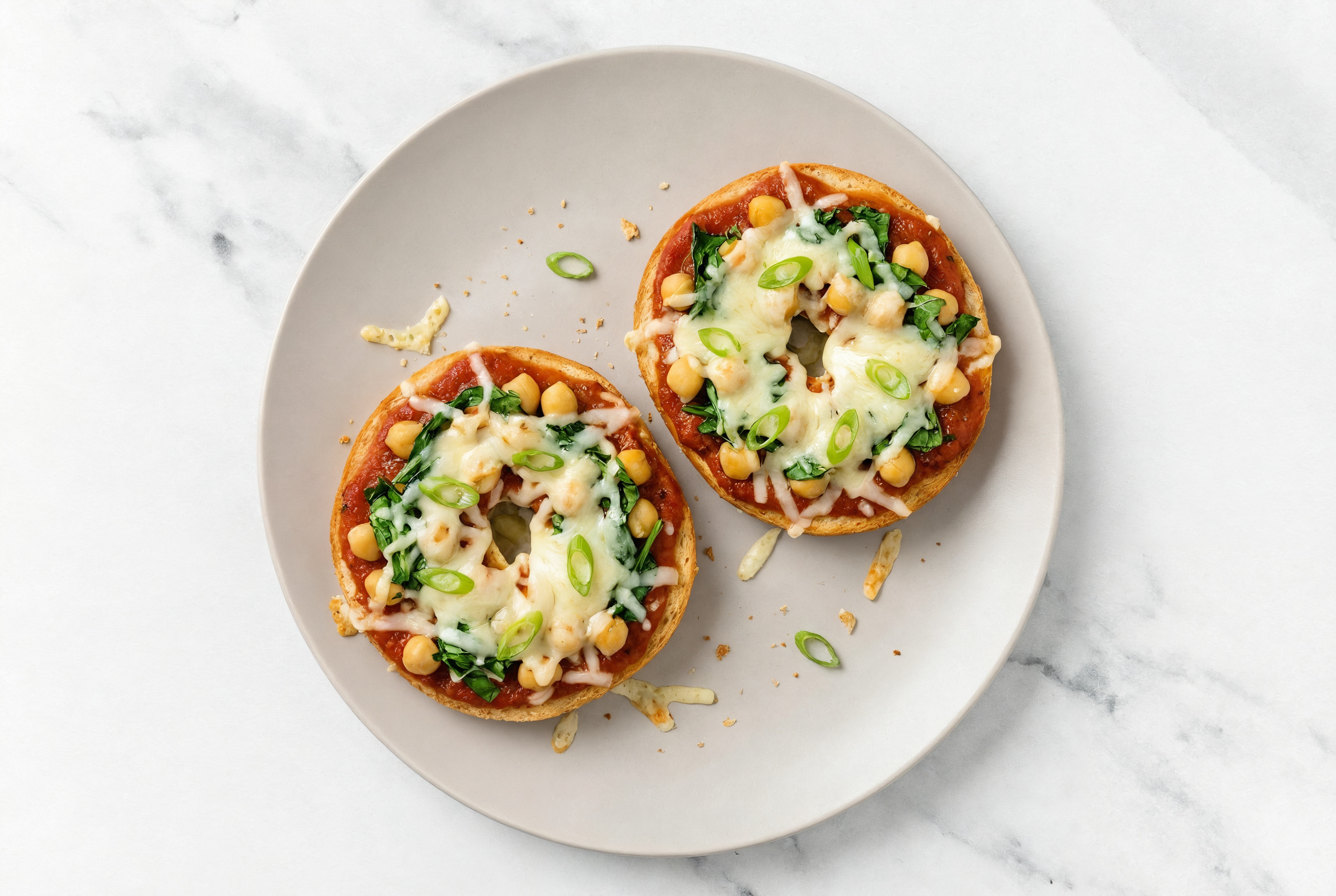 Classic Chickpea + Spinach Pizza Gluten-Free Plain Bagels with Scallions