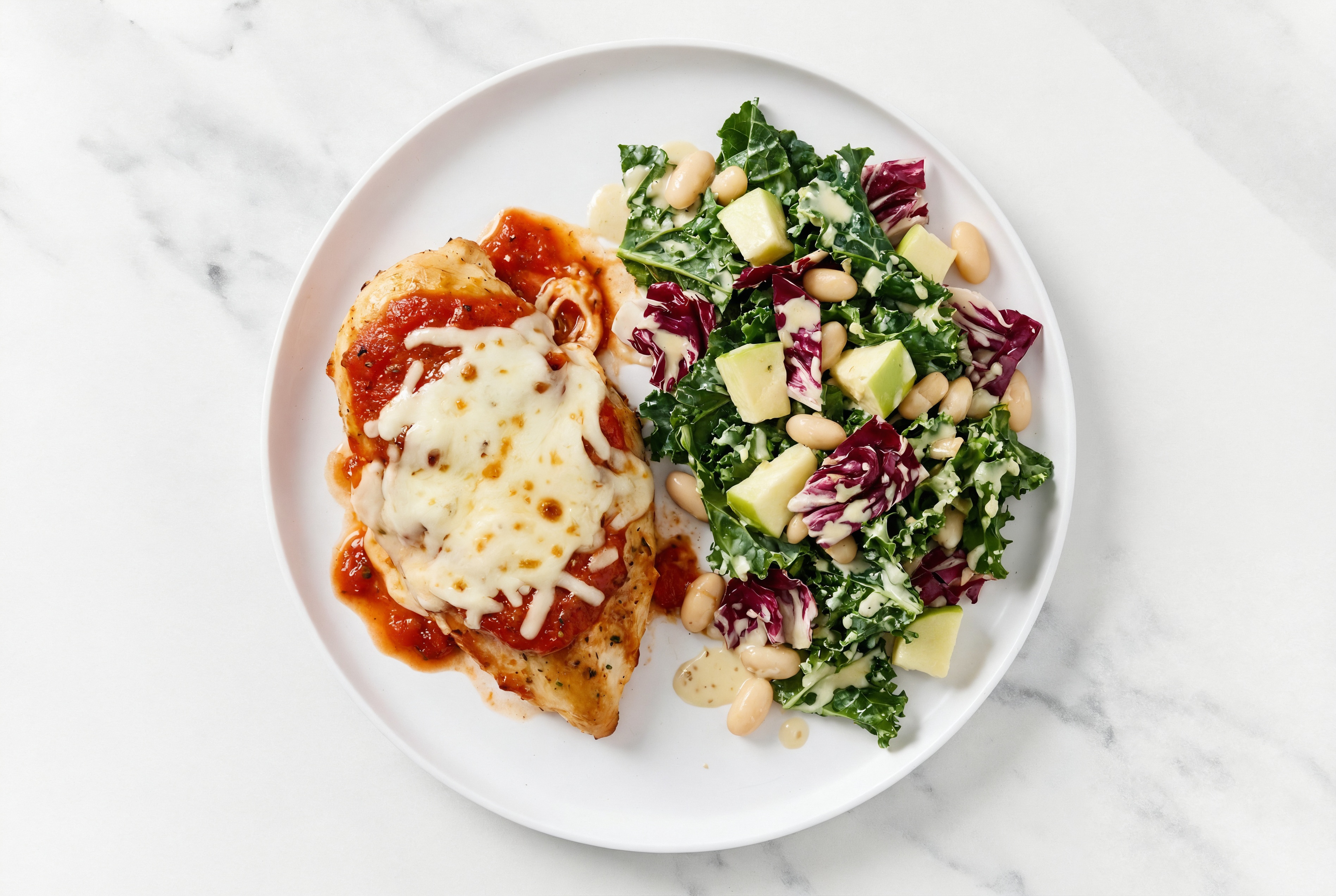 One Pan Cheesy Chicken Marinara + Kale Caesar with Mozzarella Bar