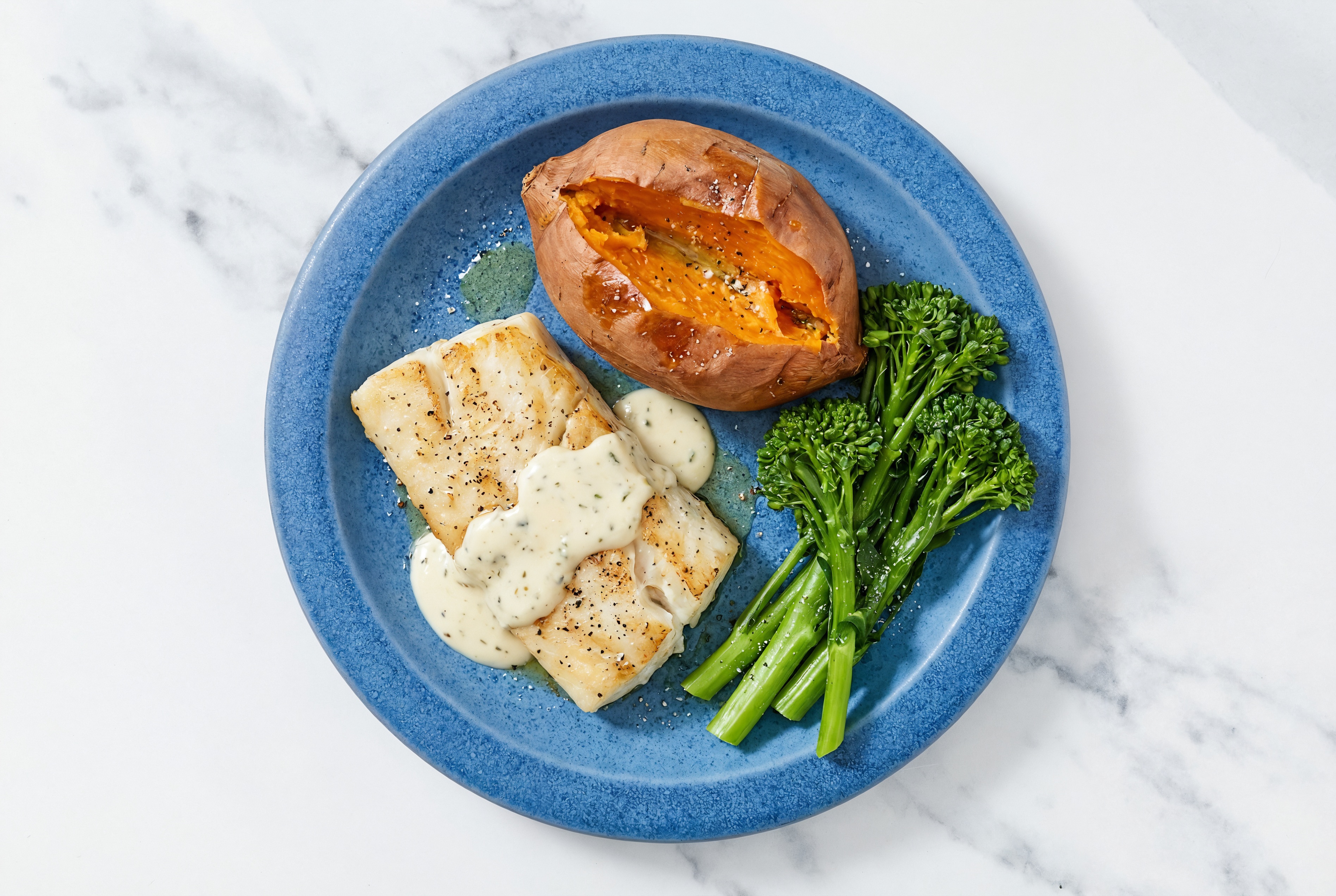 Garlicky Seared Barramundi + Sweet Potato