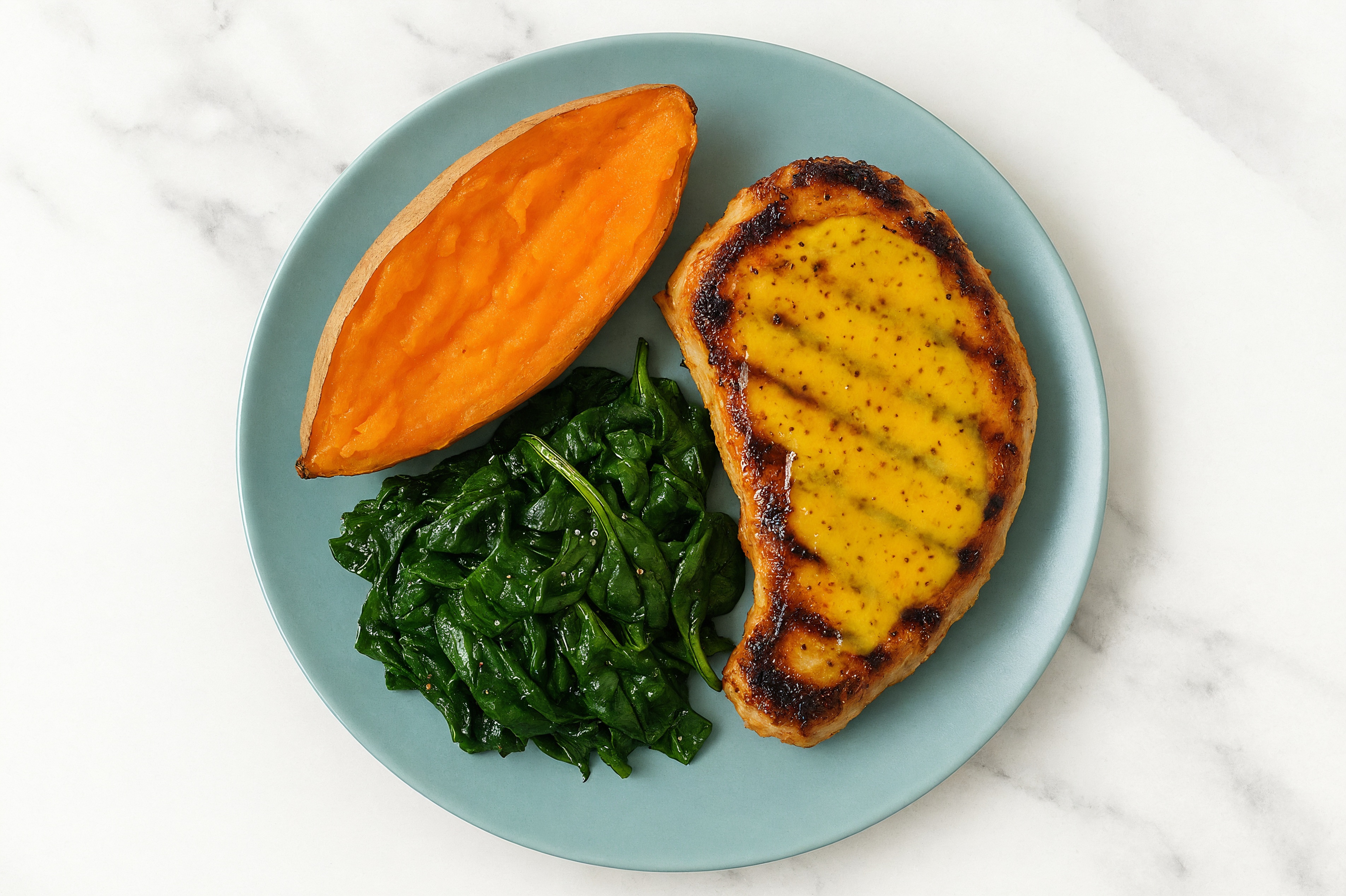 Herby Honey Mustard Pork Chop + Sweet Potato with Baby Spinach