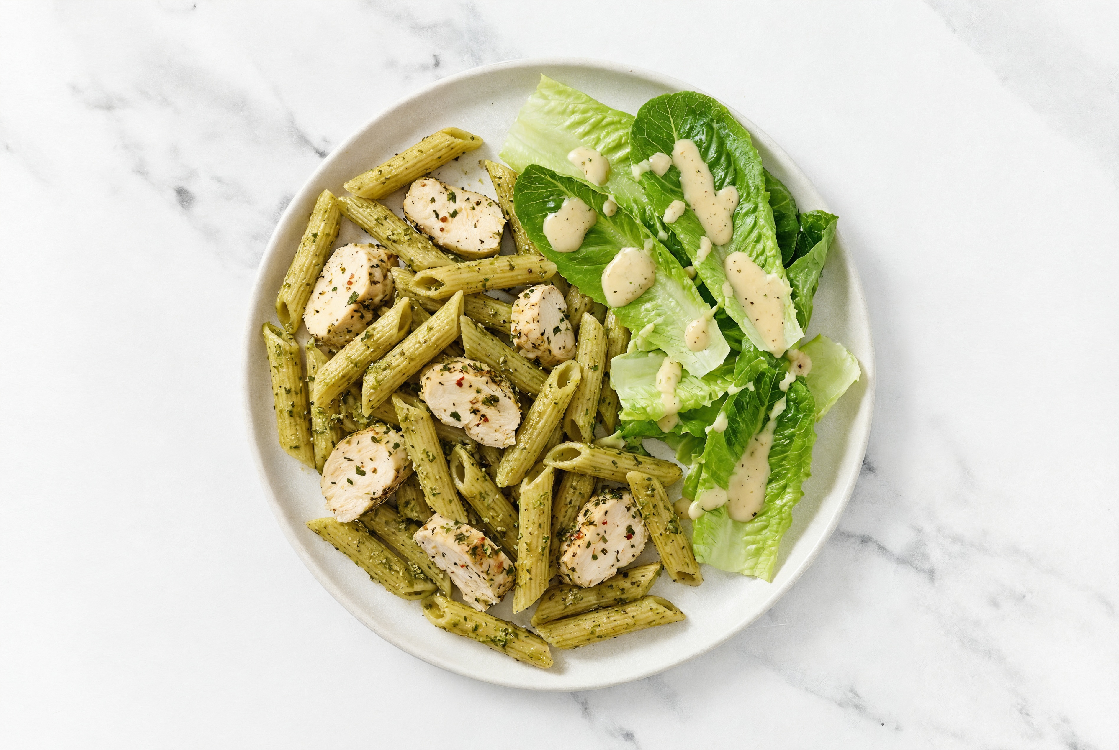 Basil Pesto Chicken Pasta + Side Salad with Sourdough Penne Rigate