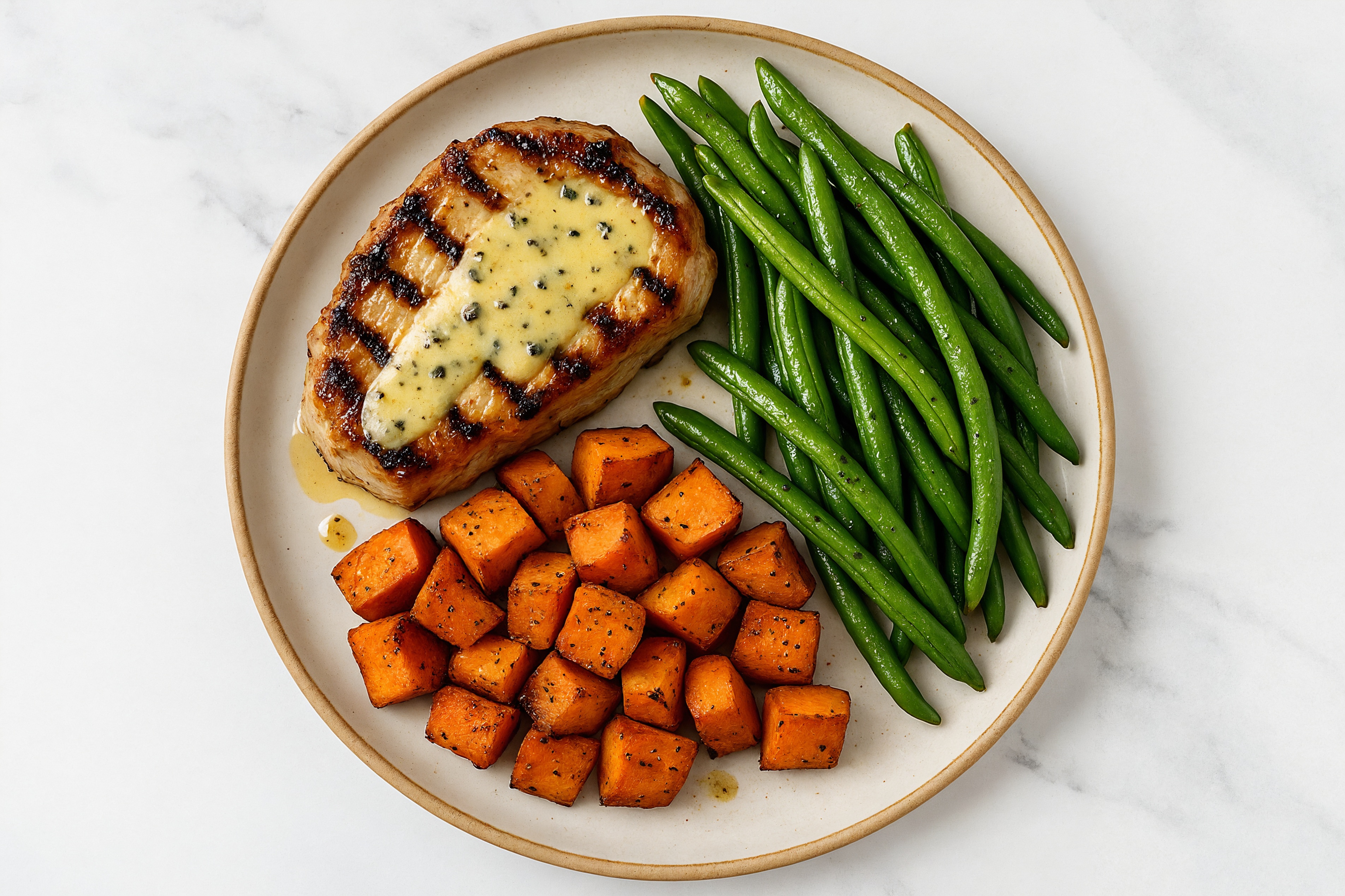 Lemon-Butter Pork Chops with Sweet Potatoes & Green Beans