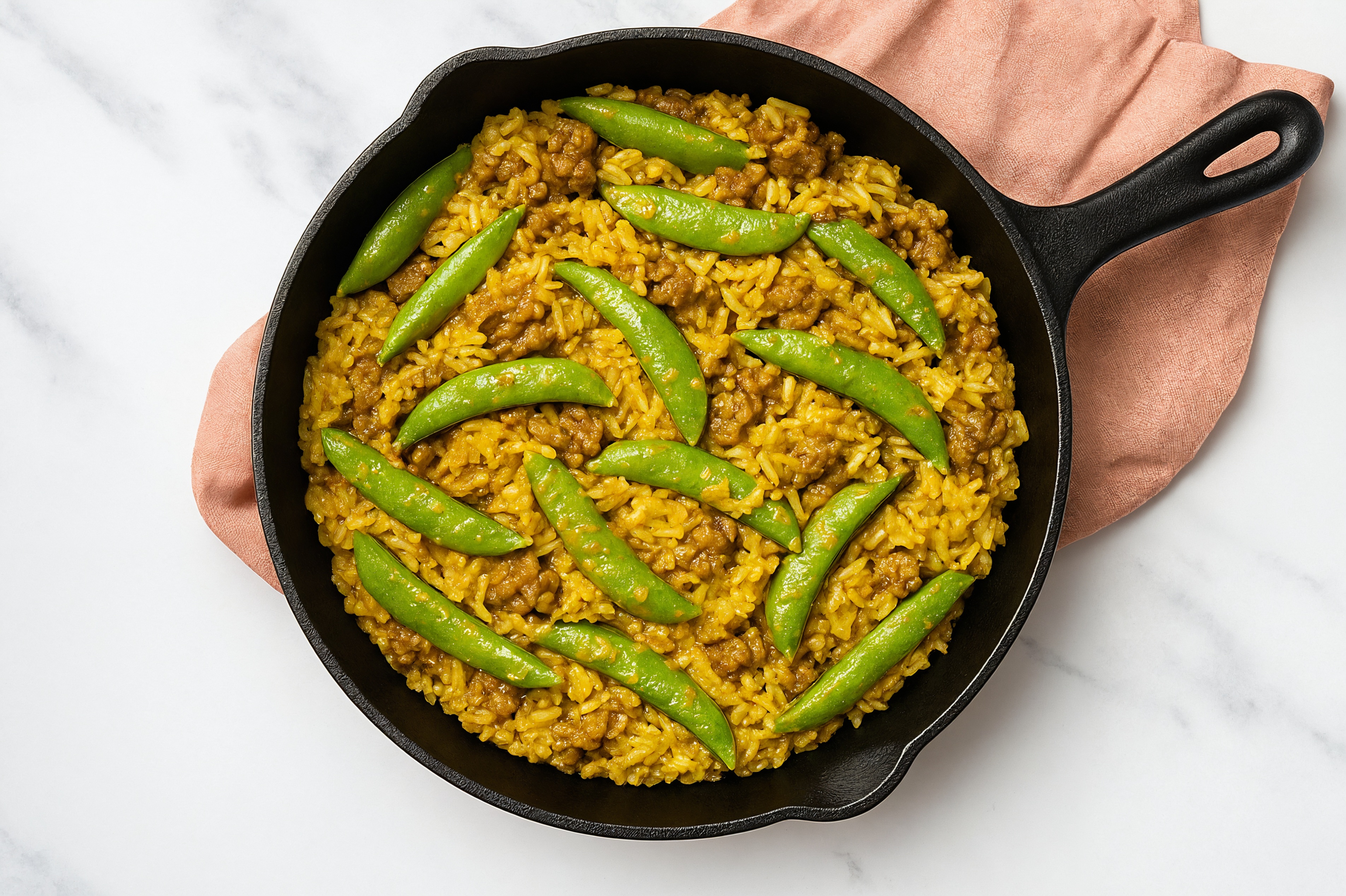 Curry Pea Snap + Ground Bison Stir-Fry with Seasoned Jasmine Rice
