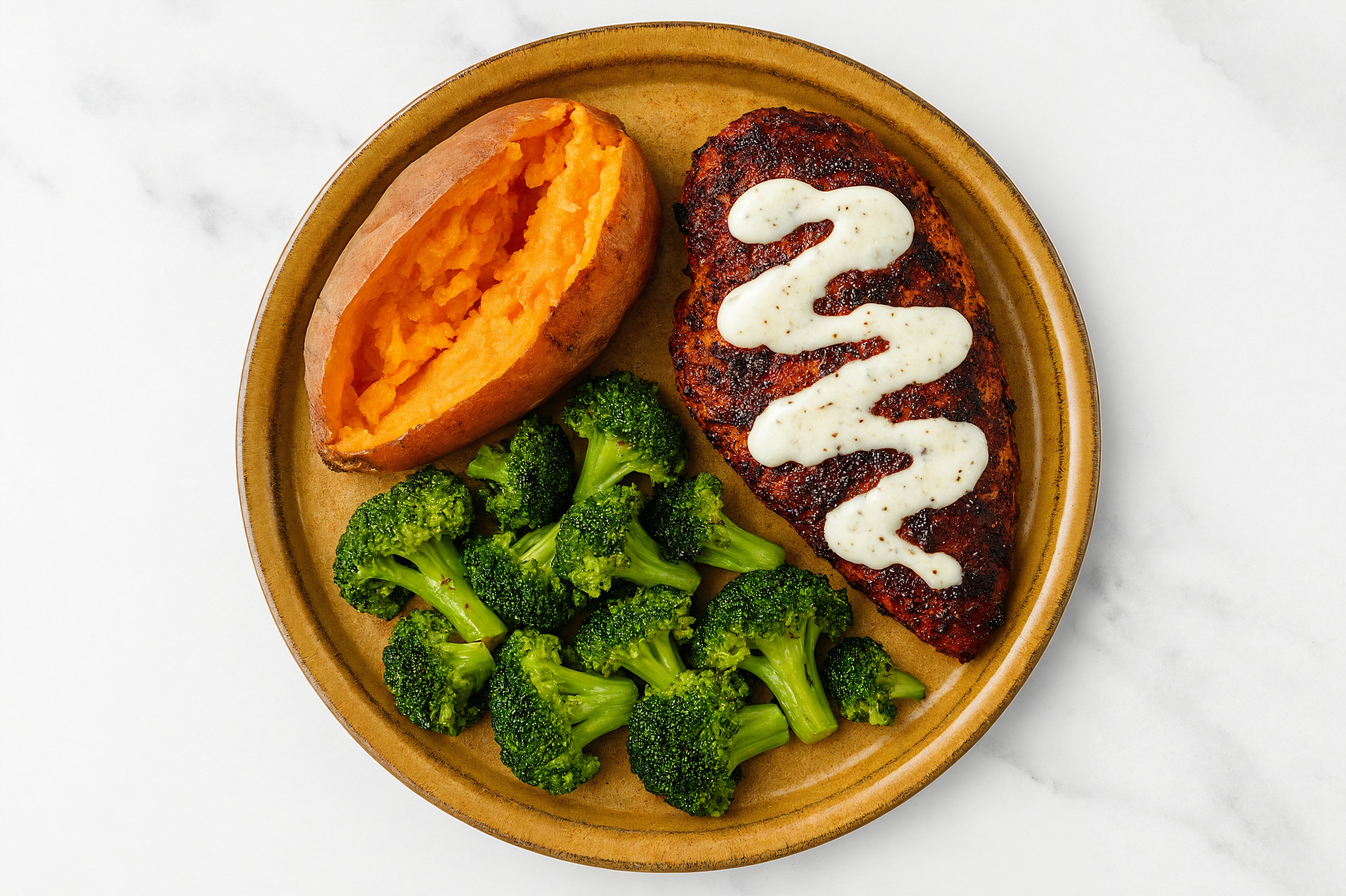 Blackened Ranch Chicken Breasts + Sweet Potatoes with Broccoli Florets