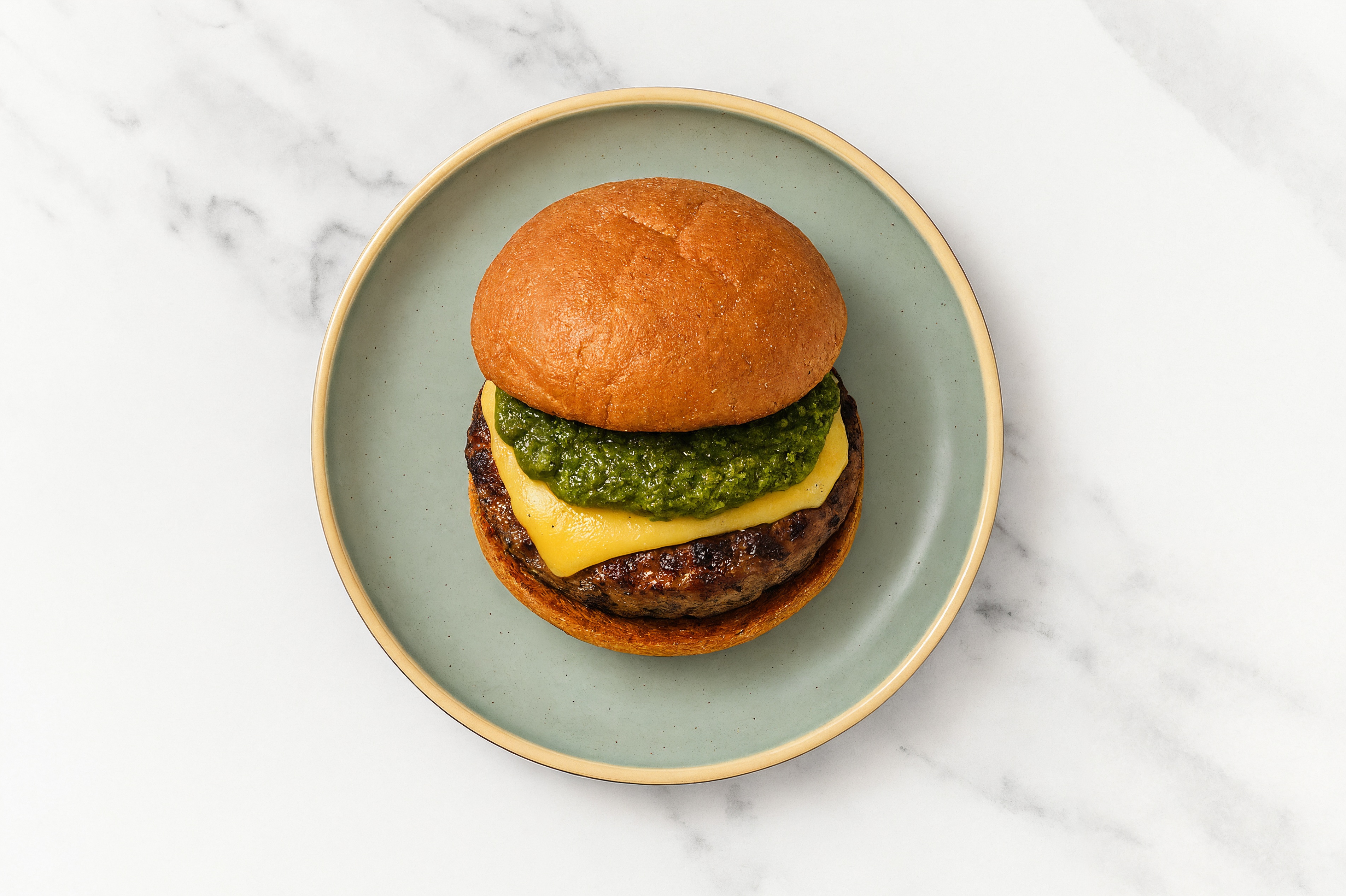 Gouda Wagyu Beef Burger on GF Bun with Basil Pesto