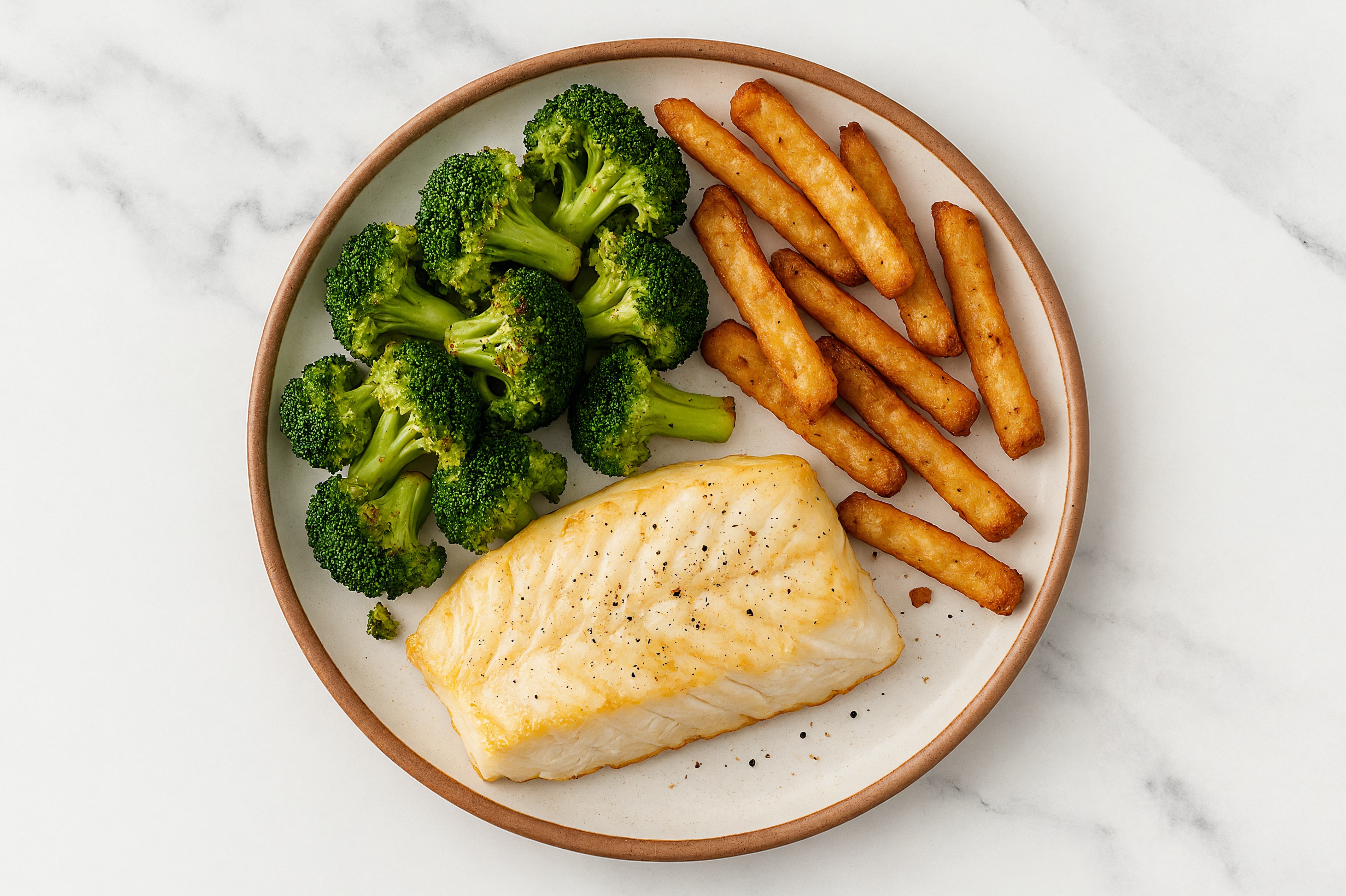 Halibut with Organic Broccoli + Veggie Super Fries