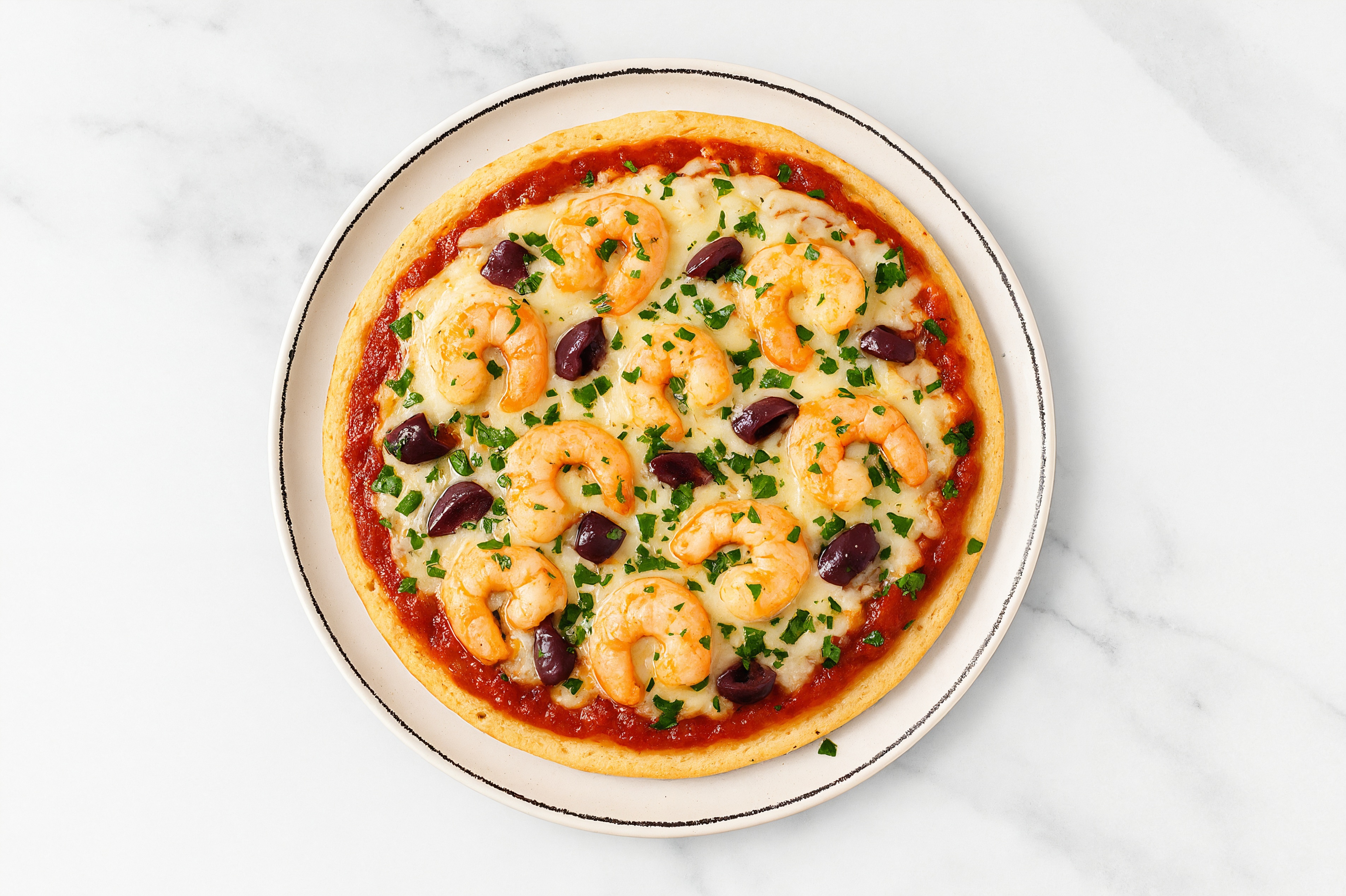 Classic Gulf Shrimp + Olives Gluten-Free Pizza with Parsley