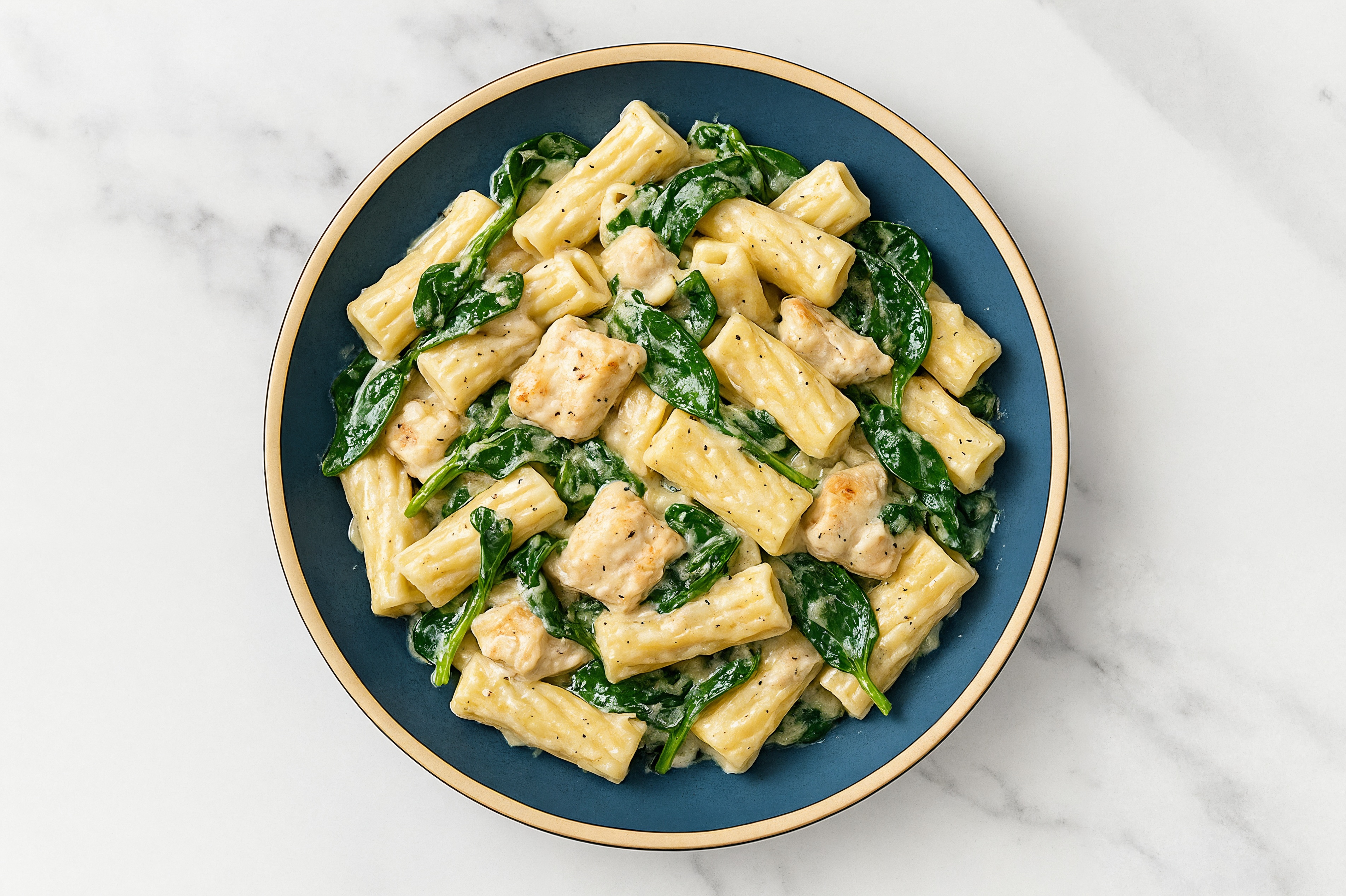 Savory Rigatoni Pasta Alfredo with Chicken Breast + Baby Spinach