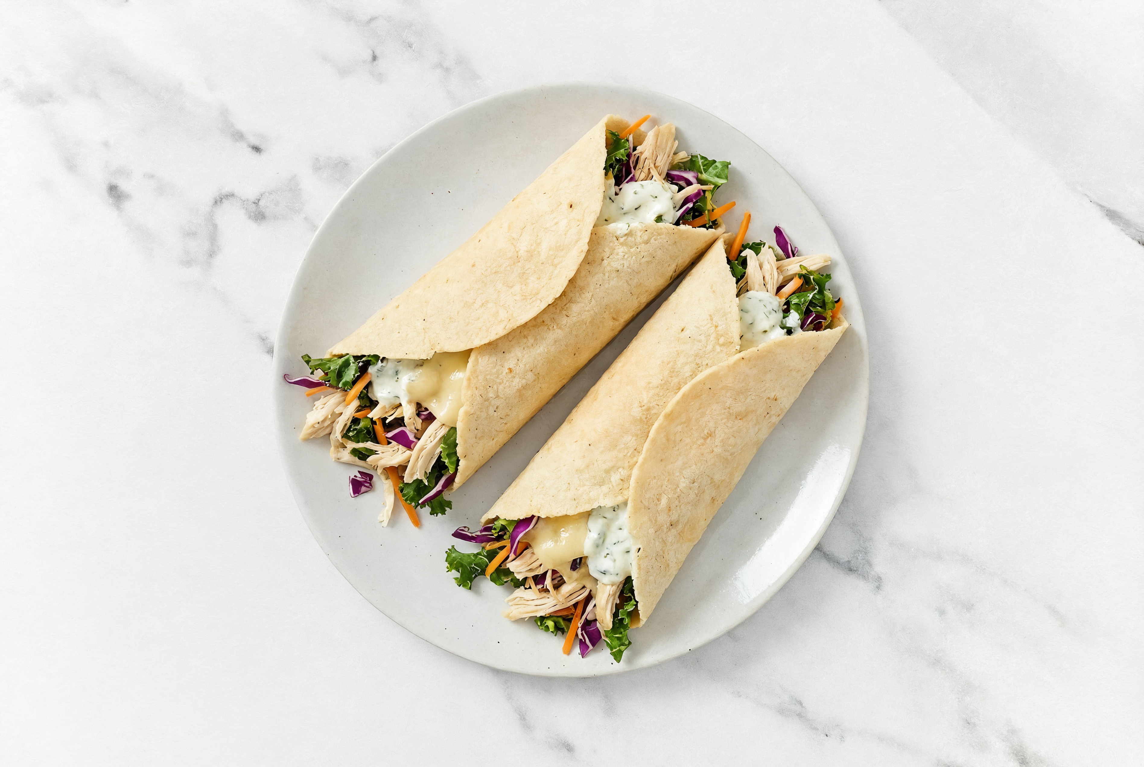 Tzatziki Pulled Chicken + Havarti Tortilla Wraps with Rainbow Veggies