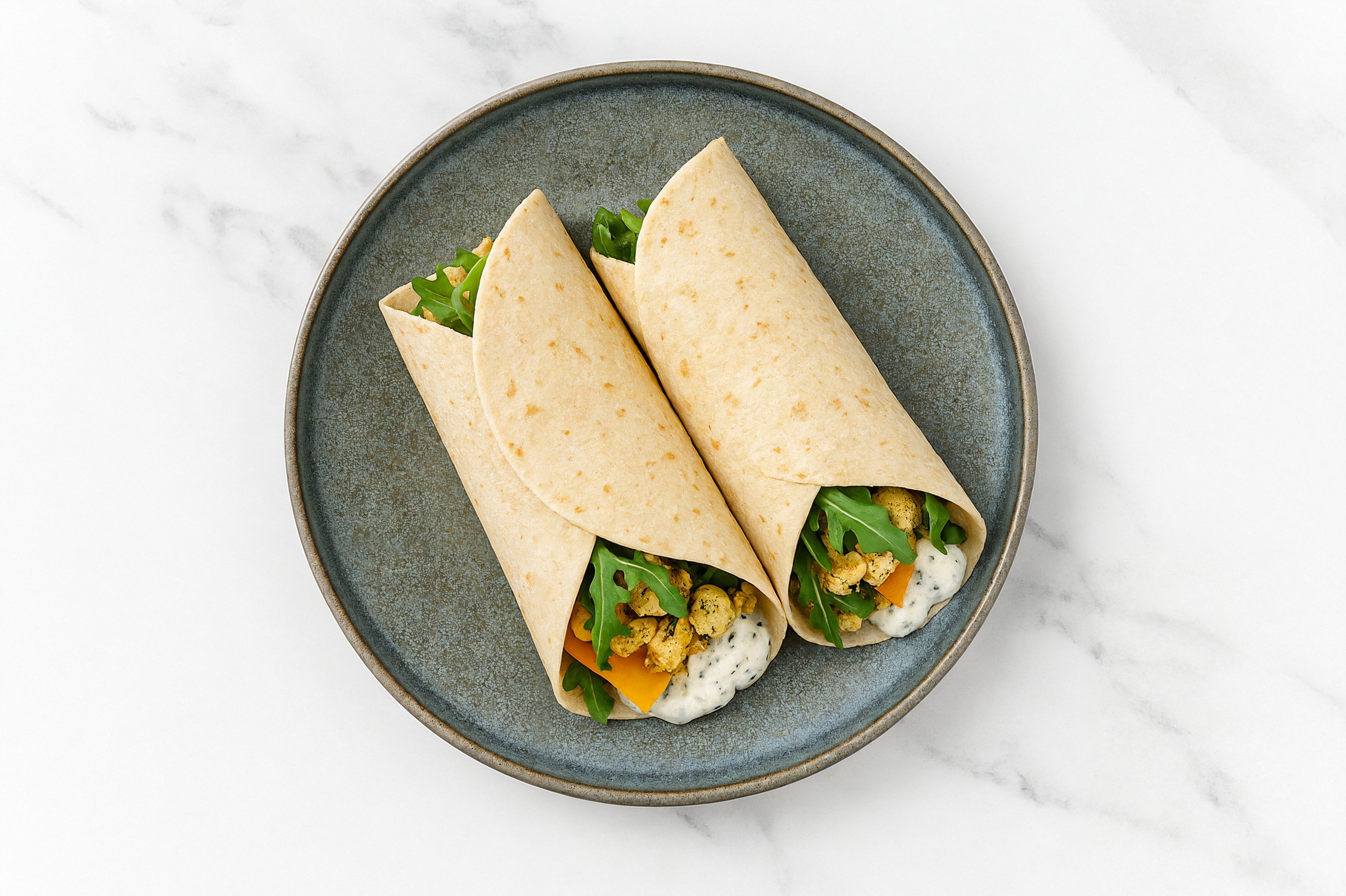 Creamy Spiced Tofu + Cheddar Tortilla Wraps with Arugula